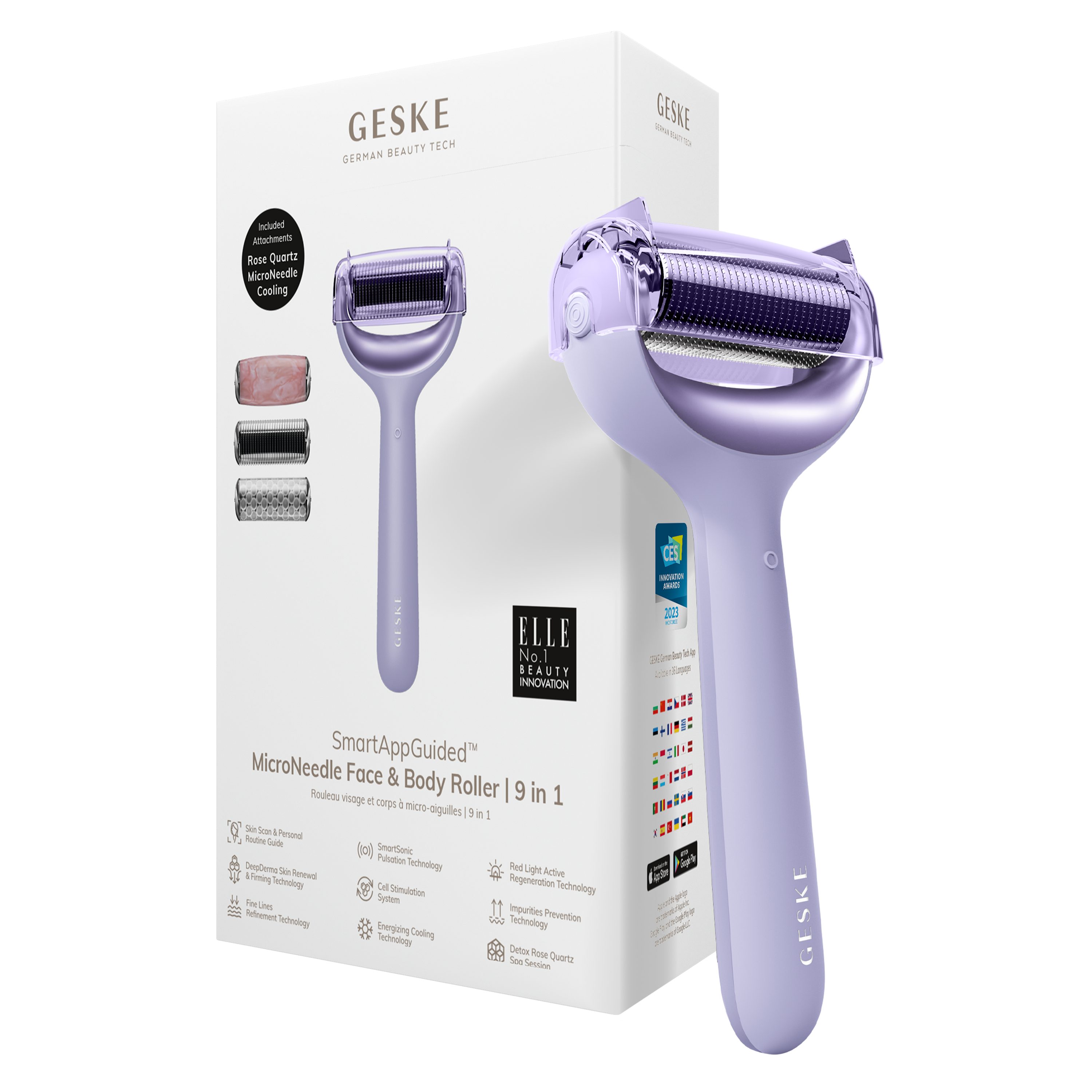 GESKE German Beauty Tech Micro-Needling SmartAppGuided™ MicroNeedle Face & Body Roller 9 in 1, Packung (Gerät & USB-Ladekabel), 5-tlg., Gerät inkl. kostenloser APP (SmartAppGuided Device), Mit der GESKE App erhältst Du deine personalisierte Hautpflegeroutine. Purple