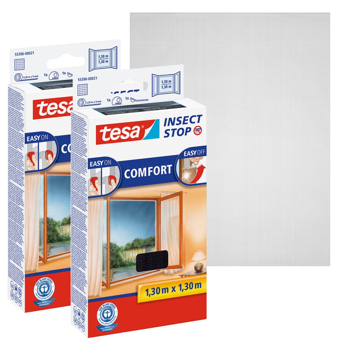 tesa Защита от насекомых-Fensterrahmen Insect Stop Comfort Fliegengitter für Fenster - 1.3 m x 1.3 m, (Packung, 2-St., Fliegennetz, Klettband, Andrück und Schneidehilfe), Защита от насекомыхgitter - ohne Bohren - zuschneidbar