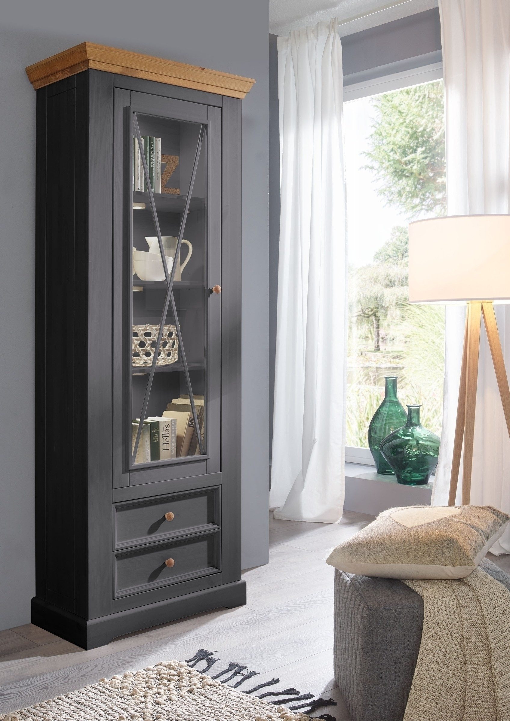 Lebenswert Wohnwand WZ-0133, (3-teilig), (3-teilig) Massivholz grau / eichefarbig - 360x214x42 (BxHxT)