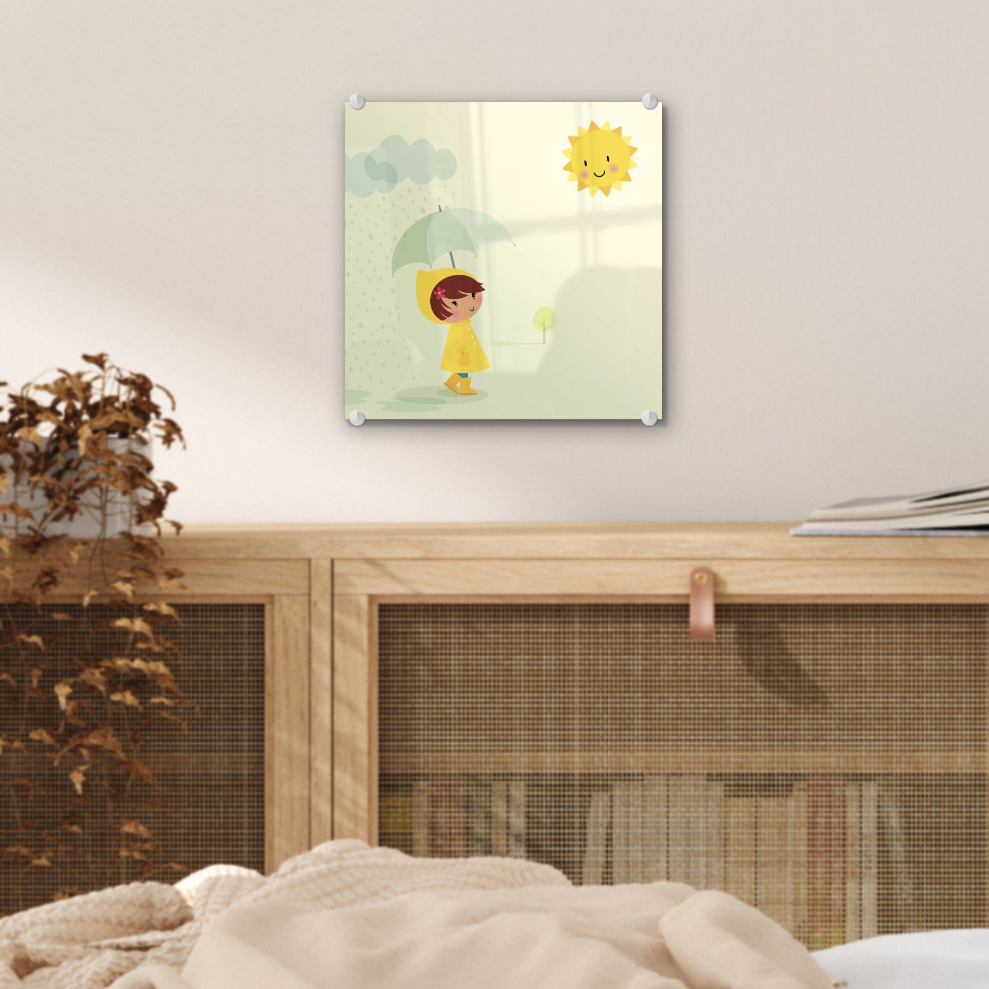 MuchoWow Acrylglasbild Kindheitsillustration eines Mädchens Glas Glas Wanddekoration mit Foto einem Regenschirm, (1 St), Glasbilder auf Wandbild - auf - Bilder 