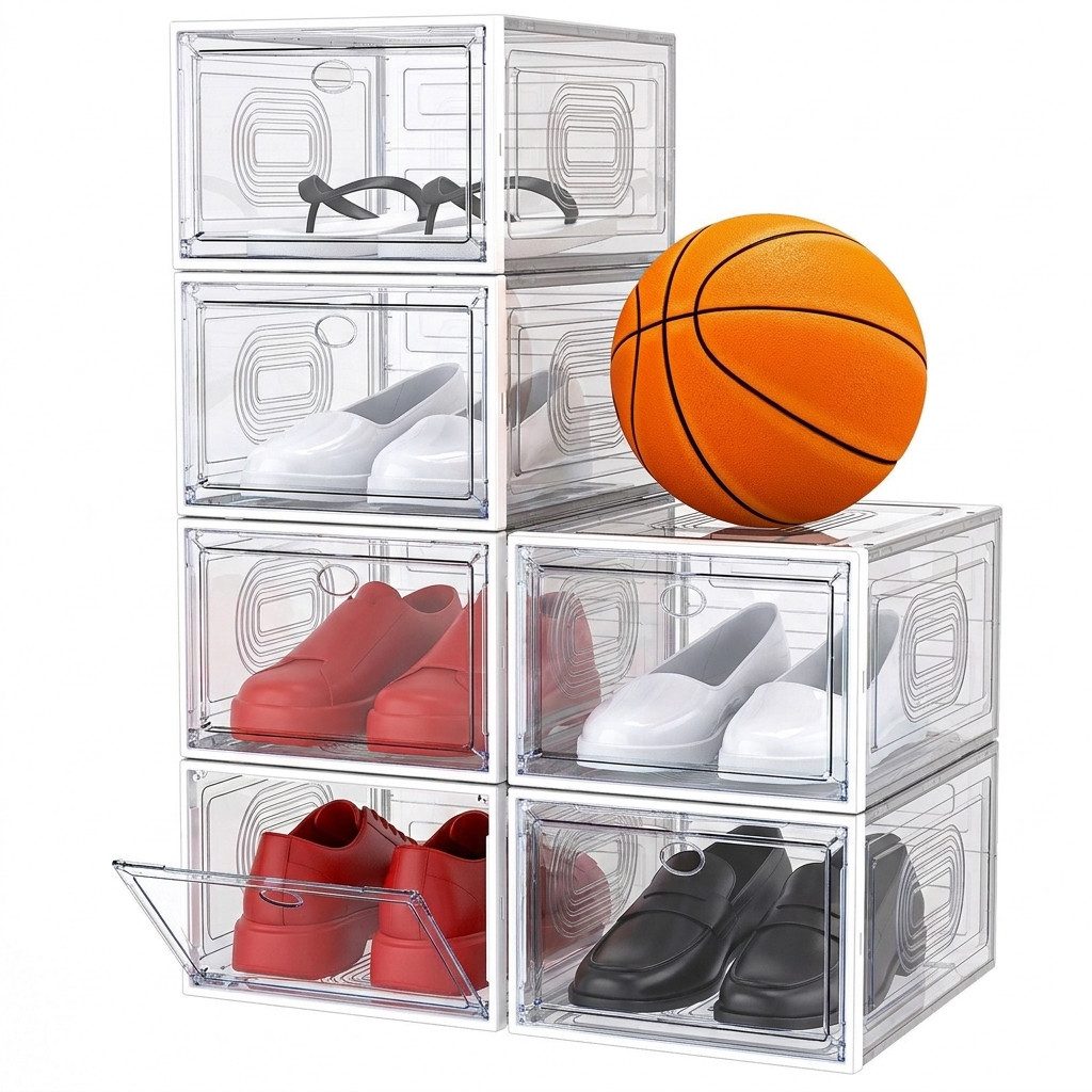 POPOLIC Schuhkiste 6/9/10 Stück Schuhboxen stapelbar Schuhboxen aus klarem Kunststoff (Hartplastik Schuhbox mit Deckel, 6 St., Schuhorganisatoren mit Magnettür für Größe 46 - Hartplastik), faltbar und stapelbar, für Stöckelschuhe,Pumps, Schuhaufbewahrung