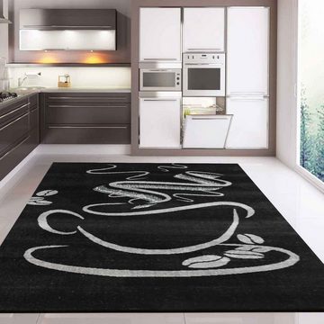 Teppich Küchenteppich Schwarz Trendiger Kaffee Teppich, Vimoda, Rechteckig, Höhe: 5 mm, Cappuccino, Muster Tasse, Küchenteppiche, Kurzflor