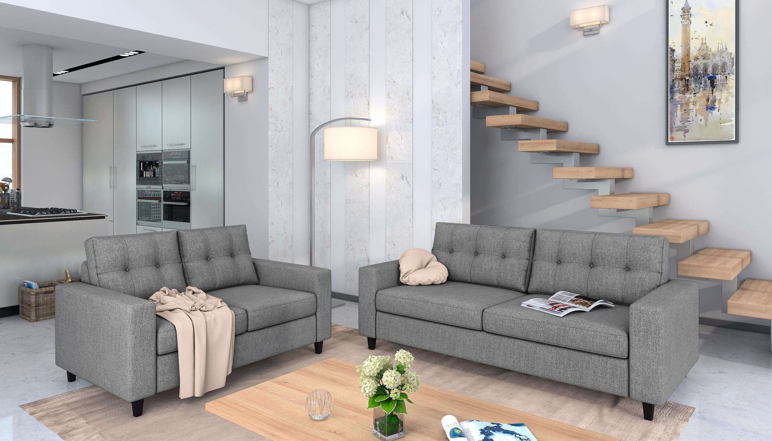 und Modern aus Linn, stellbar 3-Sitzer Sofa im Armlehnen Rückenlehne, bestehend Polstergarnitur Couchgarnitur), (Set Design, und 2-Sitzer Stylefy Sofa, mit frei (2-tlg), Raum