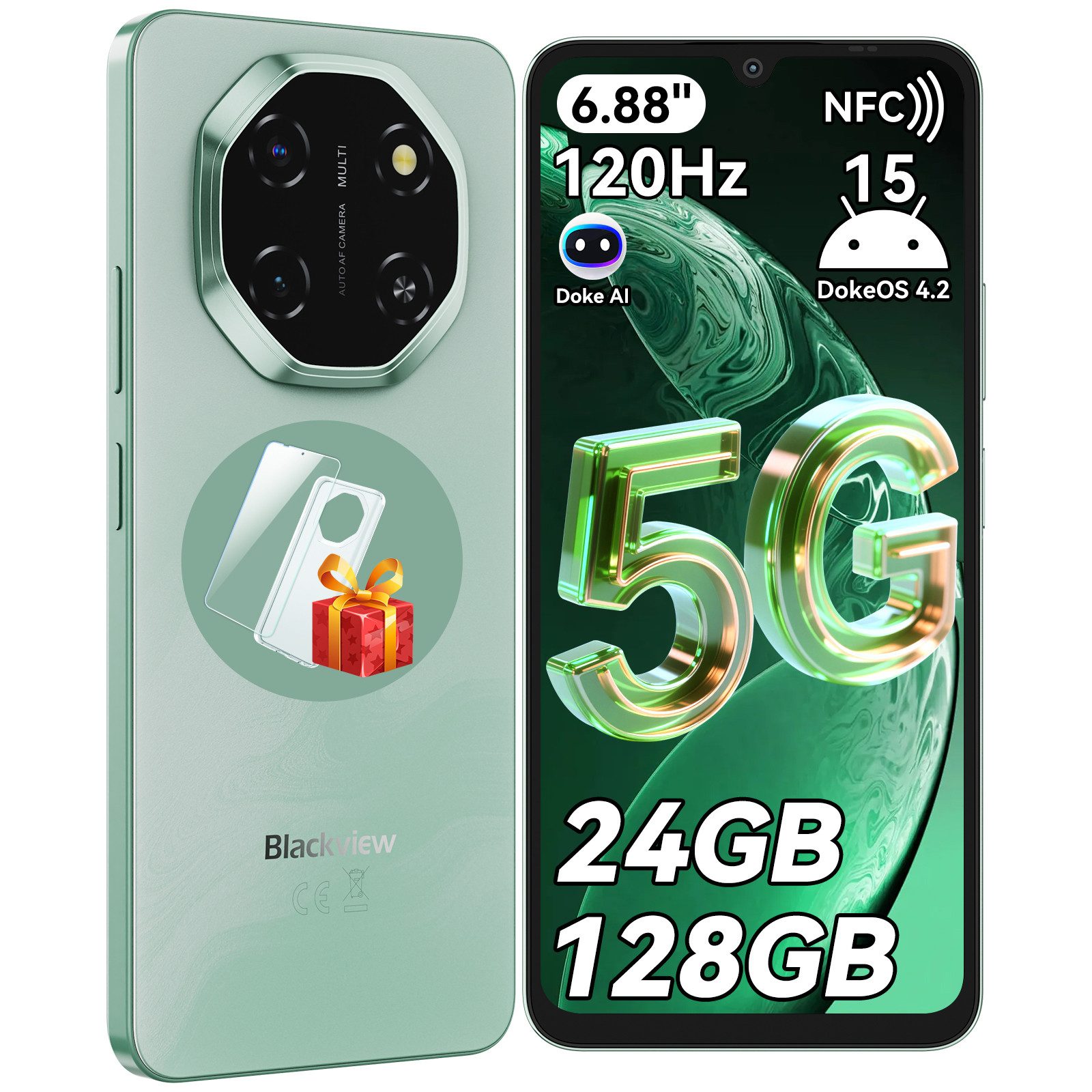 blackview Shark 6 5G, 6,88‘’, Android 15 Handy (128 GB Speicherplatz, 120Hz, Doke AI, 5000mAh,Unisoc T8100, Android 15)