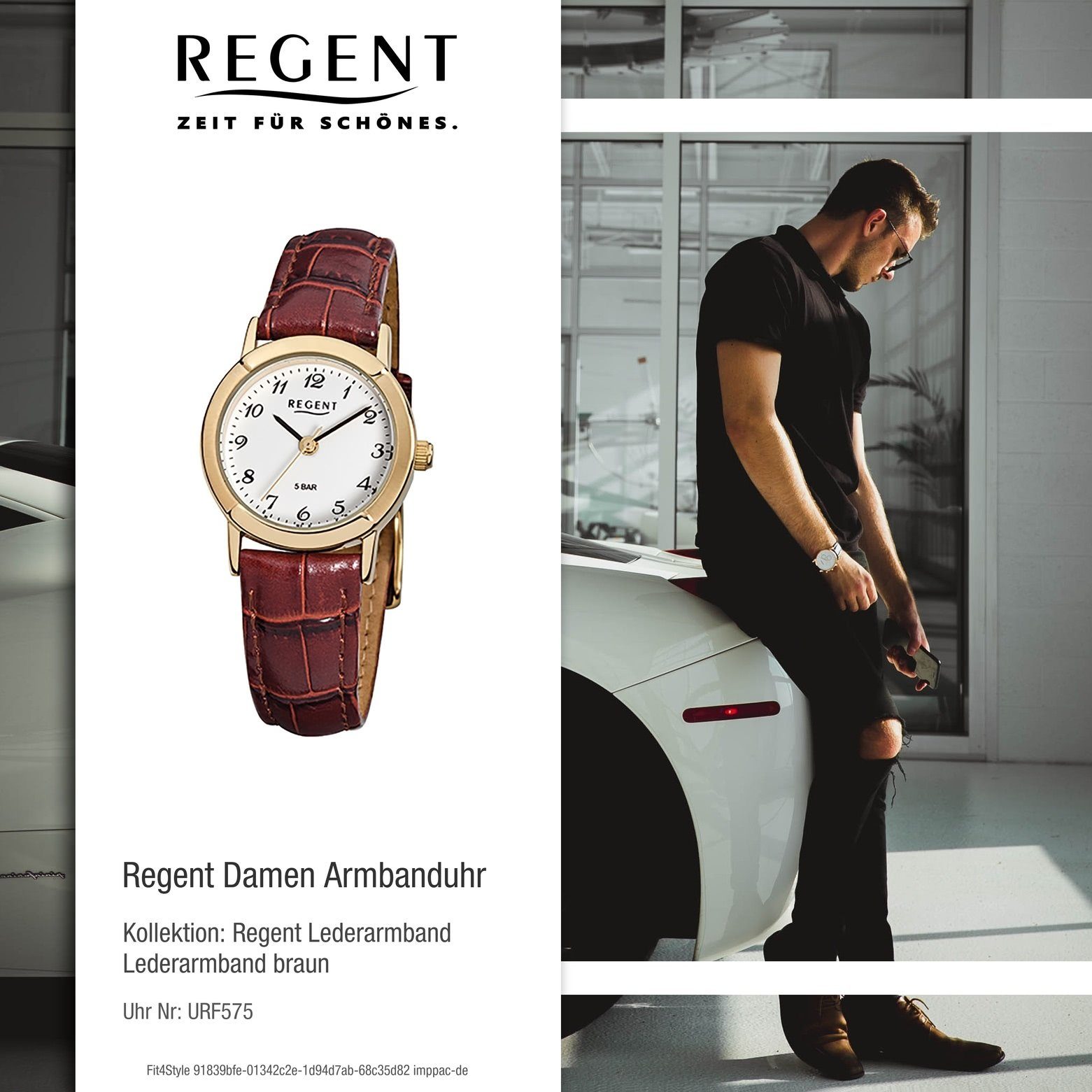 Regent Quarzuhr Regent Damen-Armbanduhr 25mm), Analog braun Lederarmband klein (ca. rund, Damen F-575, Armbanduhr
