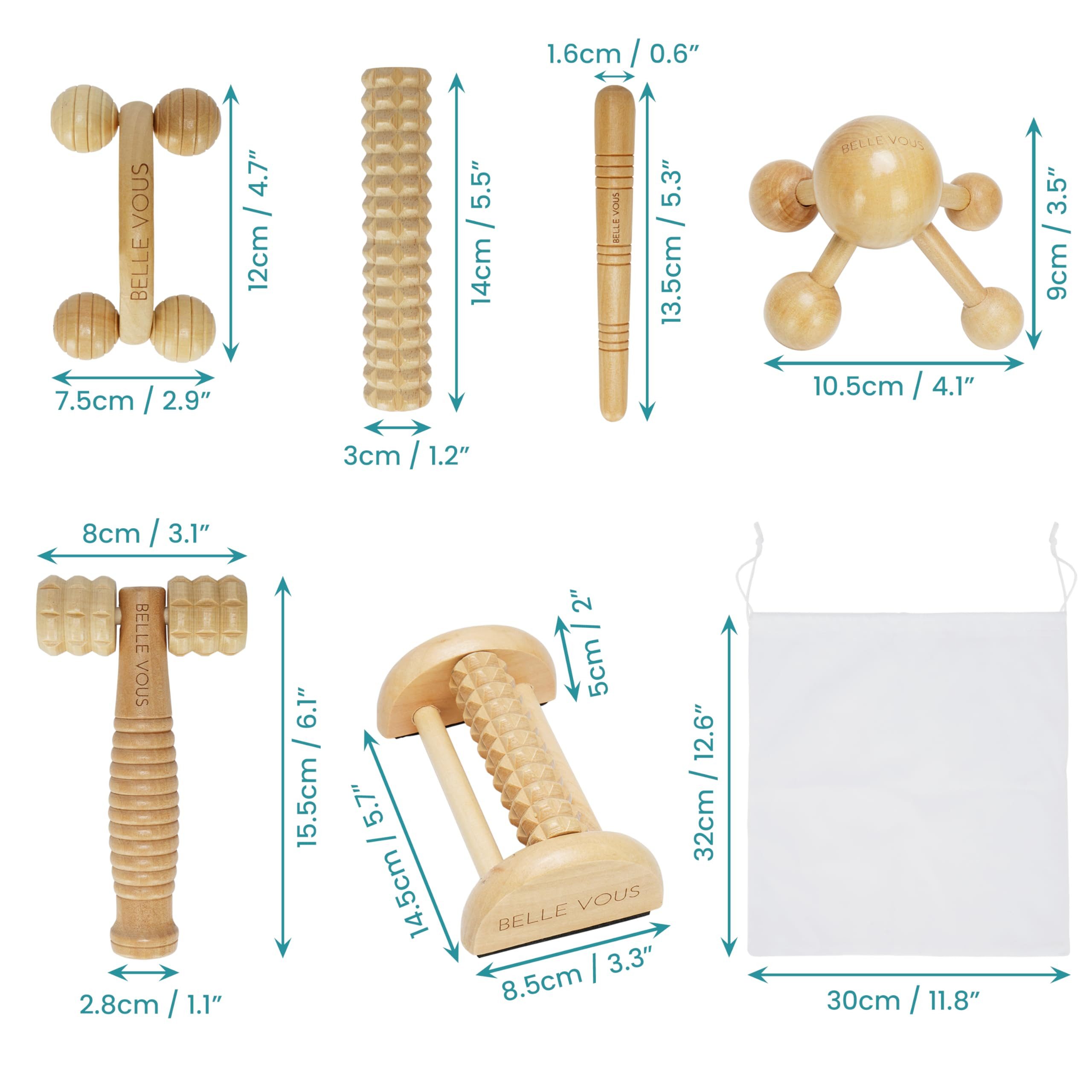 Belle Vous Fußmassagegerät Belle Vous Massage Set 6-in-1, Holzgeräte mit Baumwolltasche, 6-tlg.