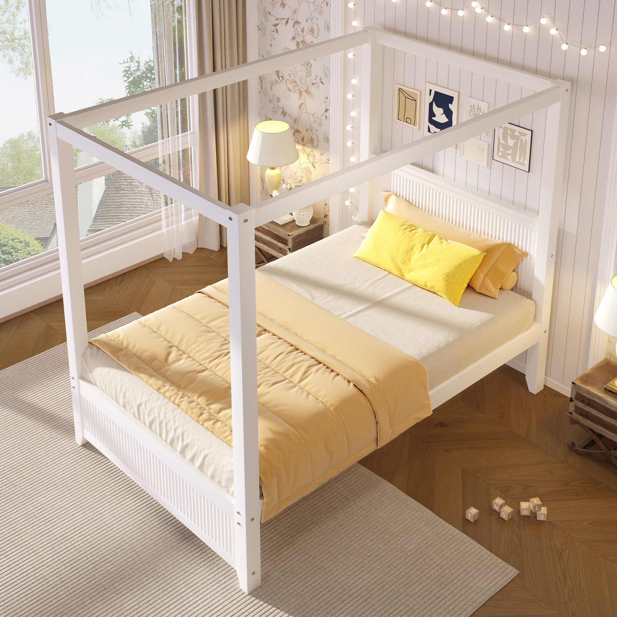 Flieks Himmelbett, Holzbett 90x200cm mit Lattenrost und dekorativem Dachrahmen