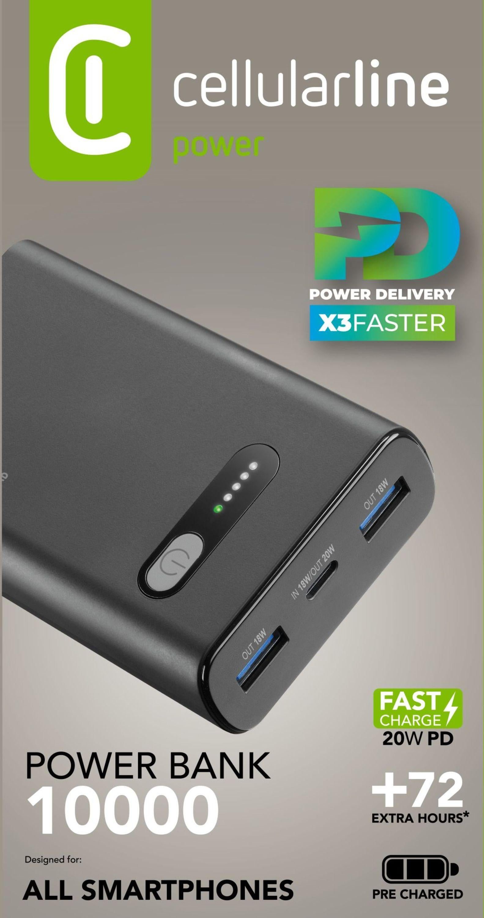 Cellularline Power Bank Fast 10000 PD Powerbank, 10.000 mAh, schwarz Powerbank