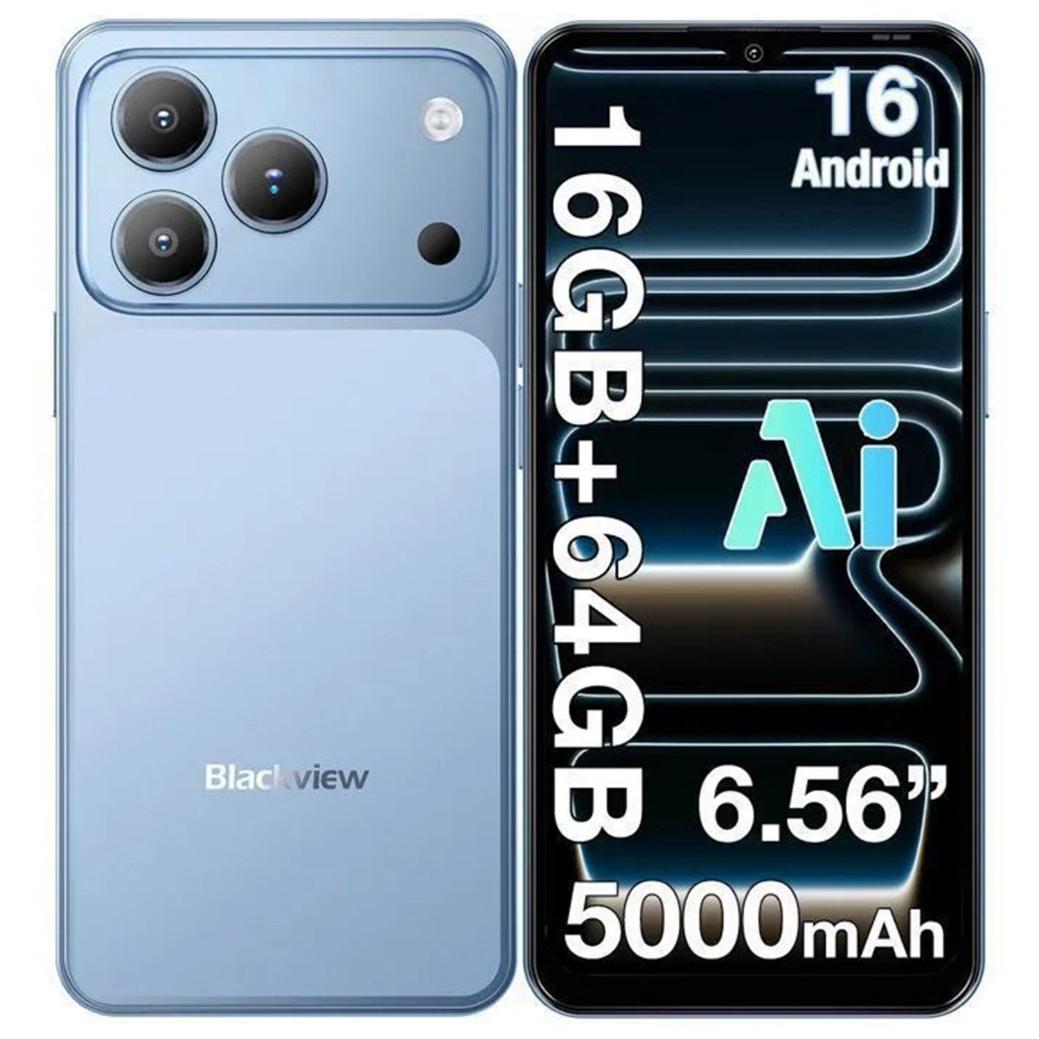 blackview Smartphone ohne Vertrag,16GB +128GB, 5000mAh Akku,Android 16, Dual SIM Smartphone (6.56 Zoll, 64 GB Speicherplatz, 6,56" HD+ Display, Face ID, KI-Smartphone mit Doke AI 2.0, IP54)