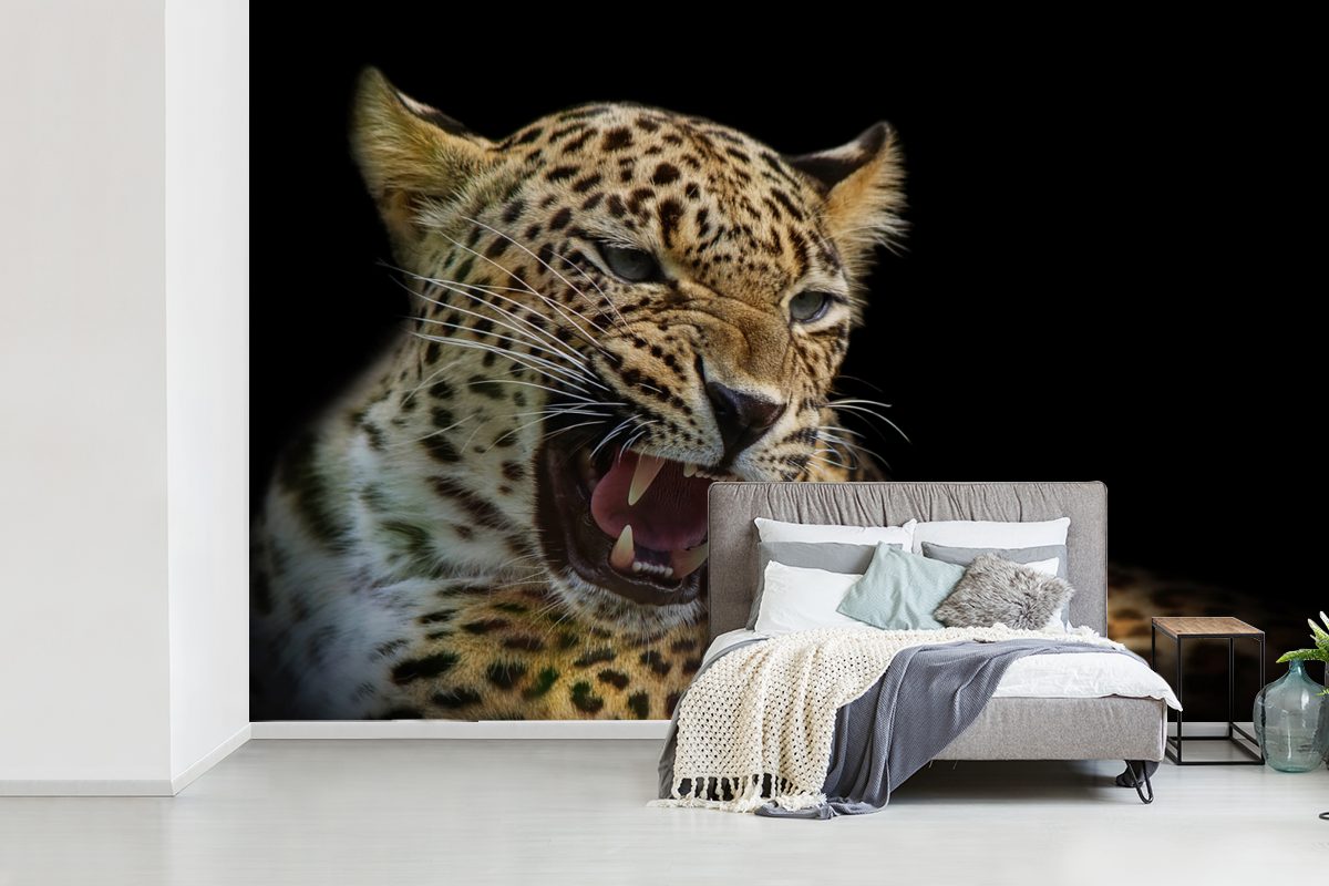 MuchoWow Fototapete Leopard - St), Wohnzimmer, Vinyl für Wallpaper - Schwarz, Tiere Schlafzimmer, Tapete Kinderzimmer, (6 Matt, bedruckt