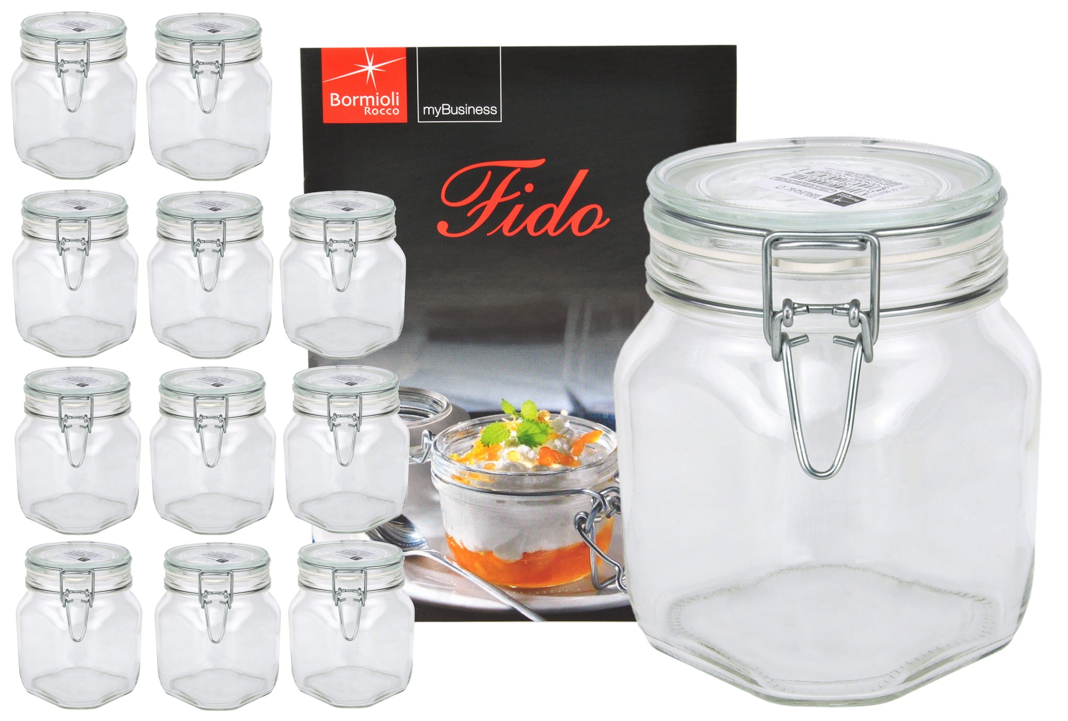 Bügelverschluss 0,75L Fido Glas Set Original Einmachglas 12er Rezeptheft, MamboCat + Vorratsglas