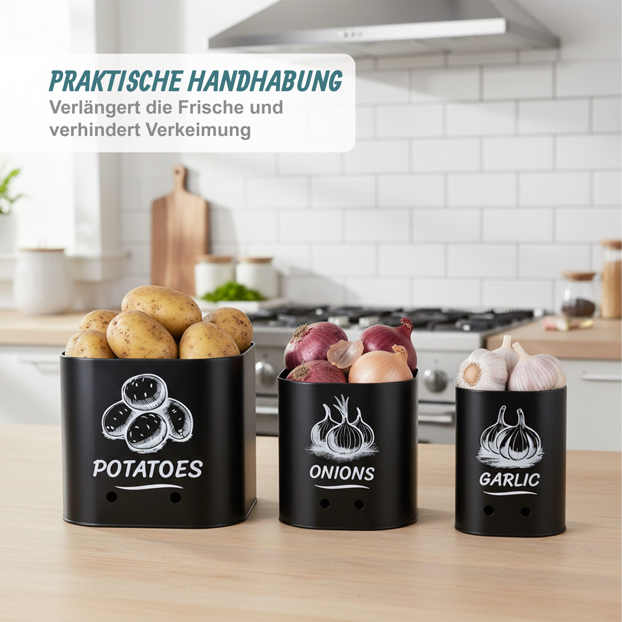 relaxdays Vorratsdose Kartoffel Aufbewahrungsbox 3er Set, Stahl, (3-tlg), schwarz – Bild 3 von 5