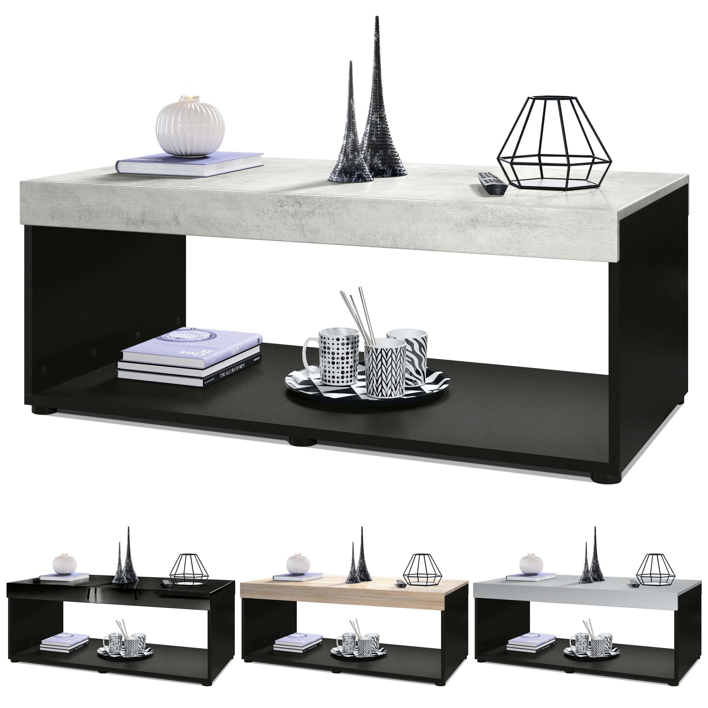 Vladon Couchtisch Pure (Wohnzimmertisch, in Kastenform), Schwarz matt/Weiß Hochglanz (104 x 40,5 x 58 cm)