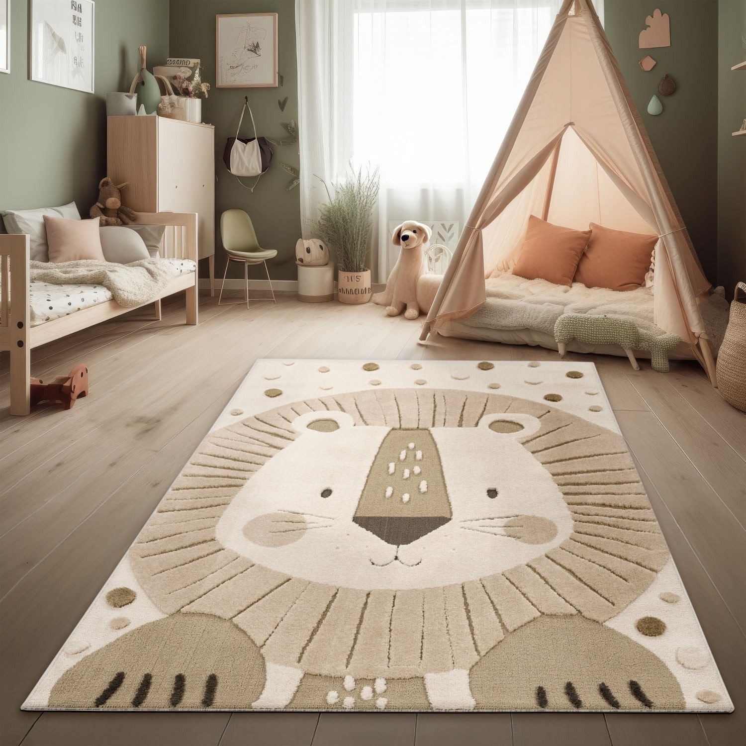 KADIMA DESIGN Kinderteppich Löwe Kinderzimmer 100% Polyester schmutzabweisend Kinderteppich, Läufer, Höhe: 21 mm, Florhöhe: 17 mm, Rücken - Baumwolle, Läufer, 80x150, Beige