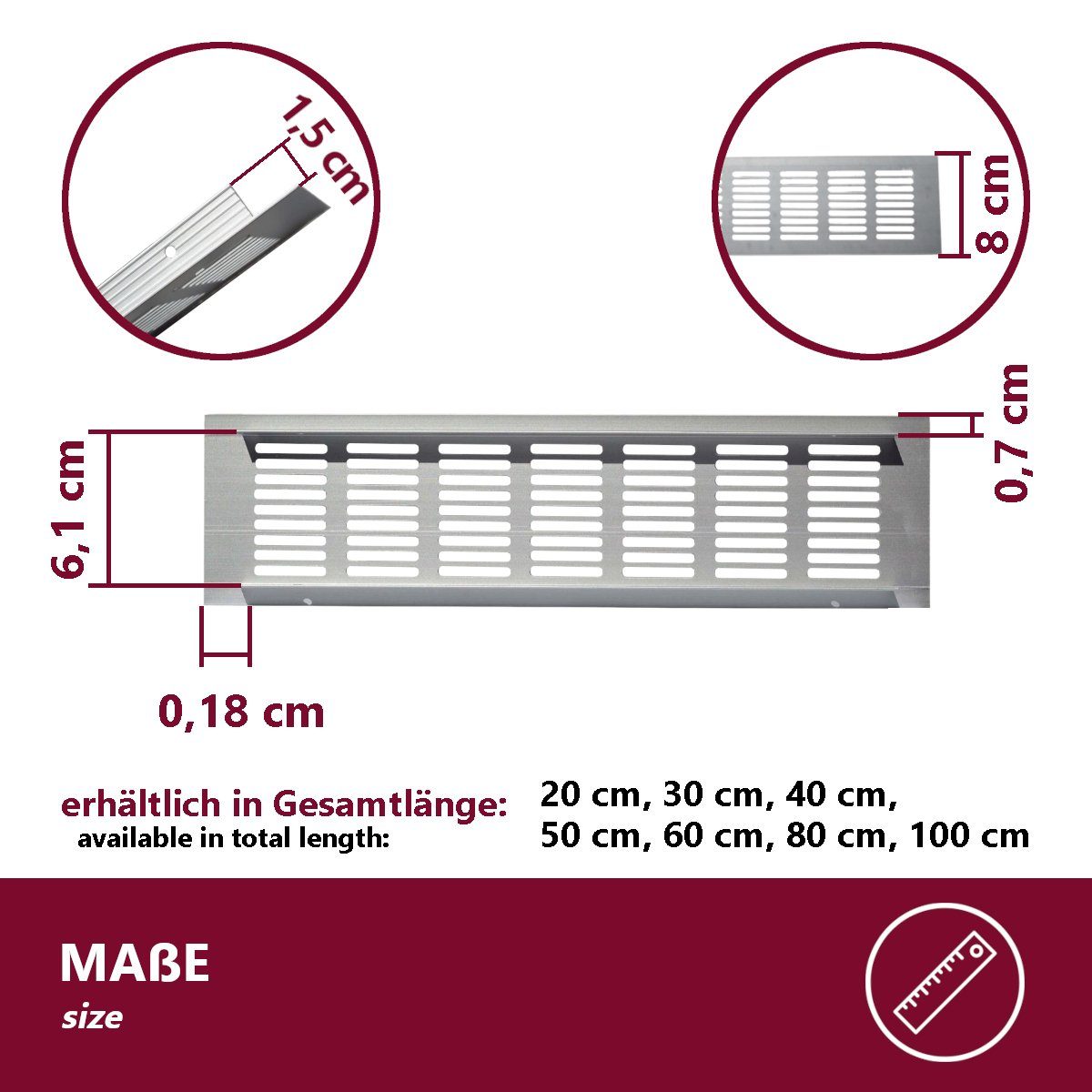 HOOZ Lüftungsgitter für eine ideale Belüftung von Küche, Bad, Garage und Wohnzimmer (Set, 1 St., 30 x 8 x 1,2 cm), silber