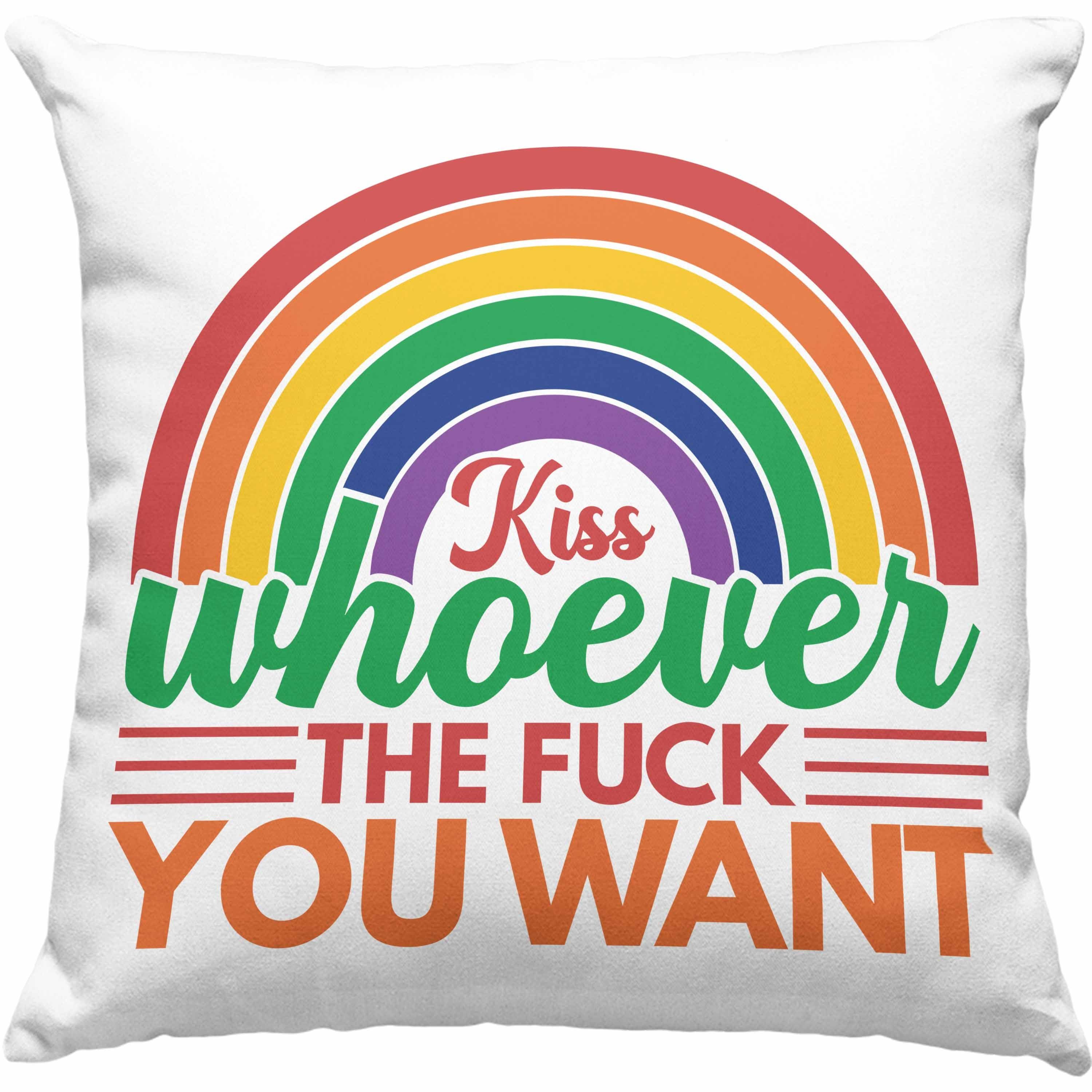 Trendation Dekokissen Trendation - LGBT Kissen Geschenk für Schwule Lesben Transgender Sounds Gay Im In Regenbogen Lustige Grafik Regenbogen Kiss Whoever You Want Dekokissen mit Füllung 40x40 Grau