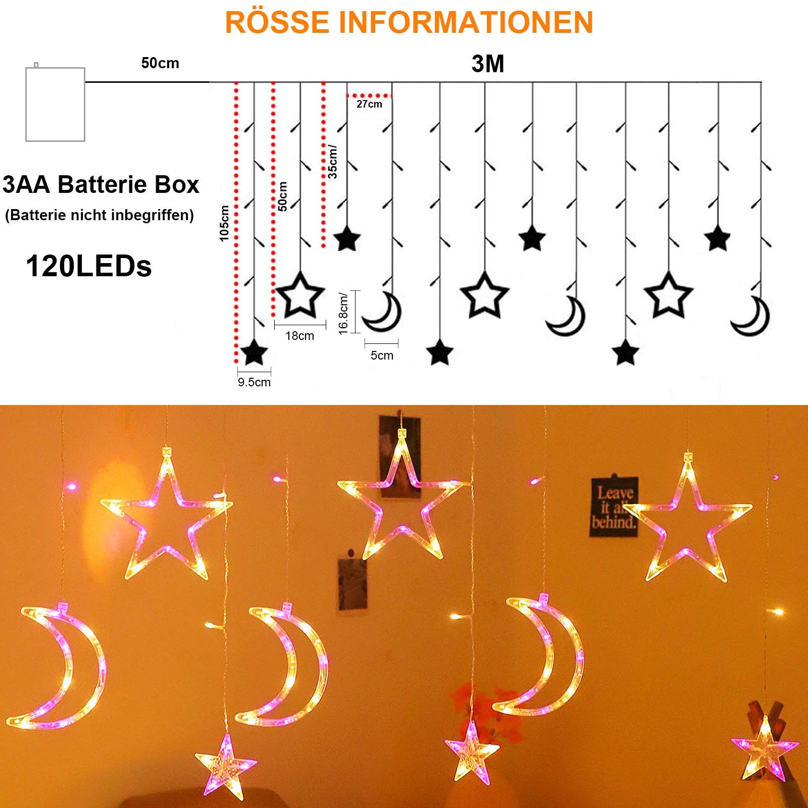 Rosa Warmweiß mit Eid Lichtervorhang,mit Sunicol Stern Mond,Batteriebetrieb, LED-Lichterkette Mubarak LED Energieeinsparung Ramadan Wasserdicht,