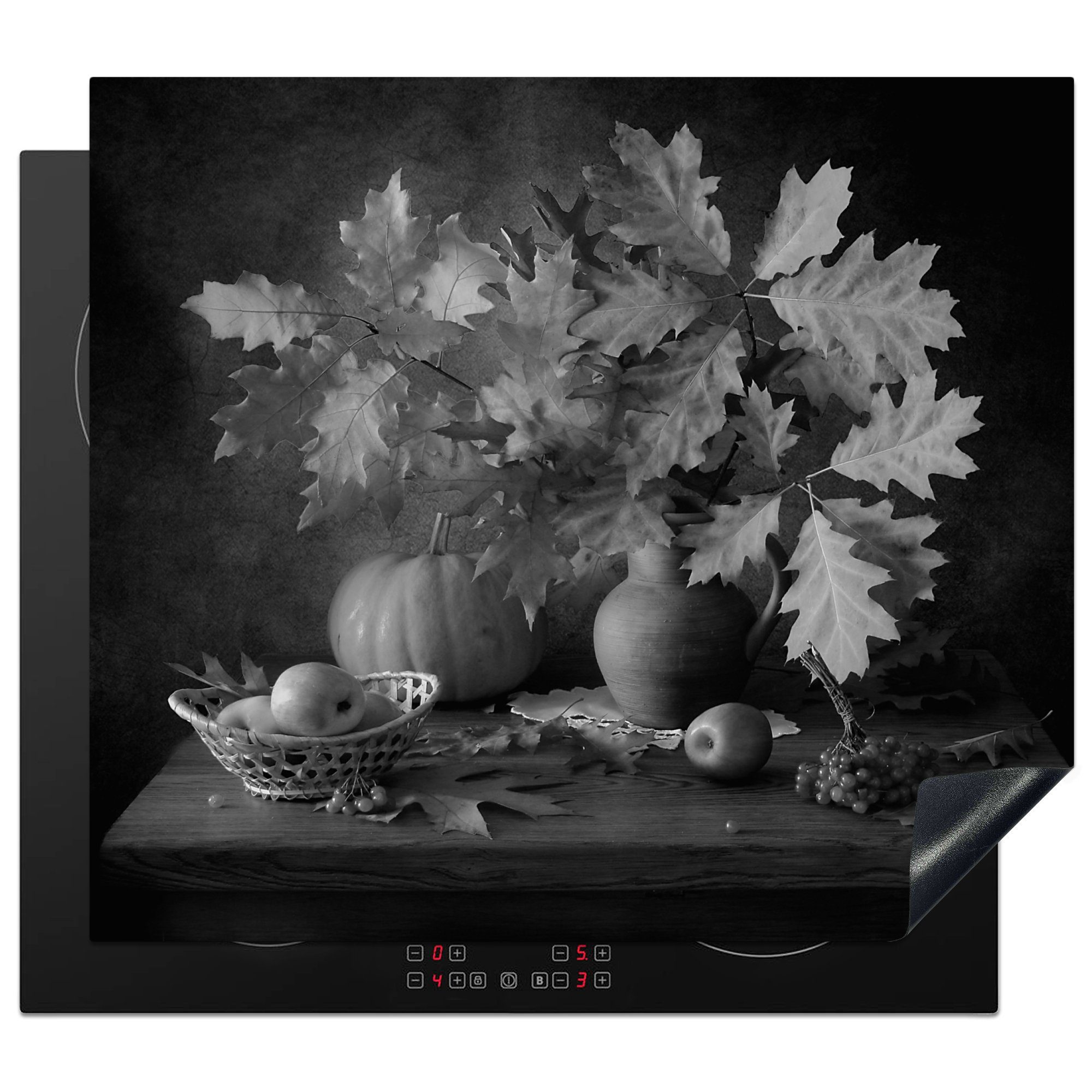 MuchoWow Herdblende-/Abdeckplatte Stilleben - Blätter - Kürbis, Vinyl, (1 tlg), 59x52 cm, Ceranfeldabdeckung für die küche, Induktionsmatte
