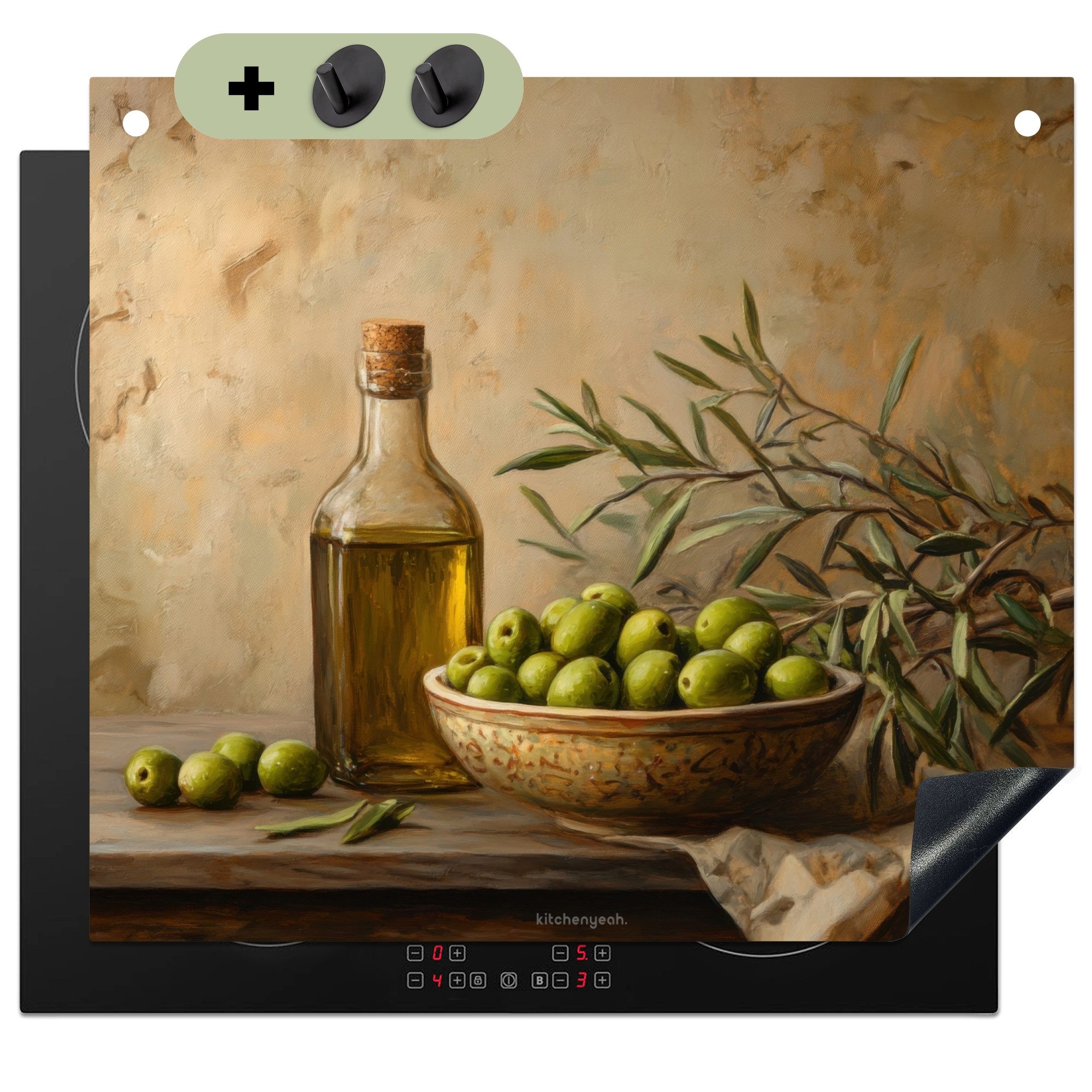 KitchenYeah Küchenrückwand Oliven - Stilleben - Vintage, (1-tlg), Ceranfeldabdeckung Küche, Herdabdeckplatte und Spritzschutz, 60x52 cm