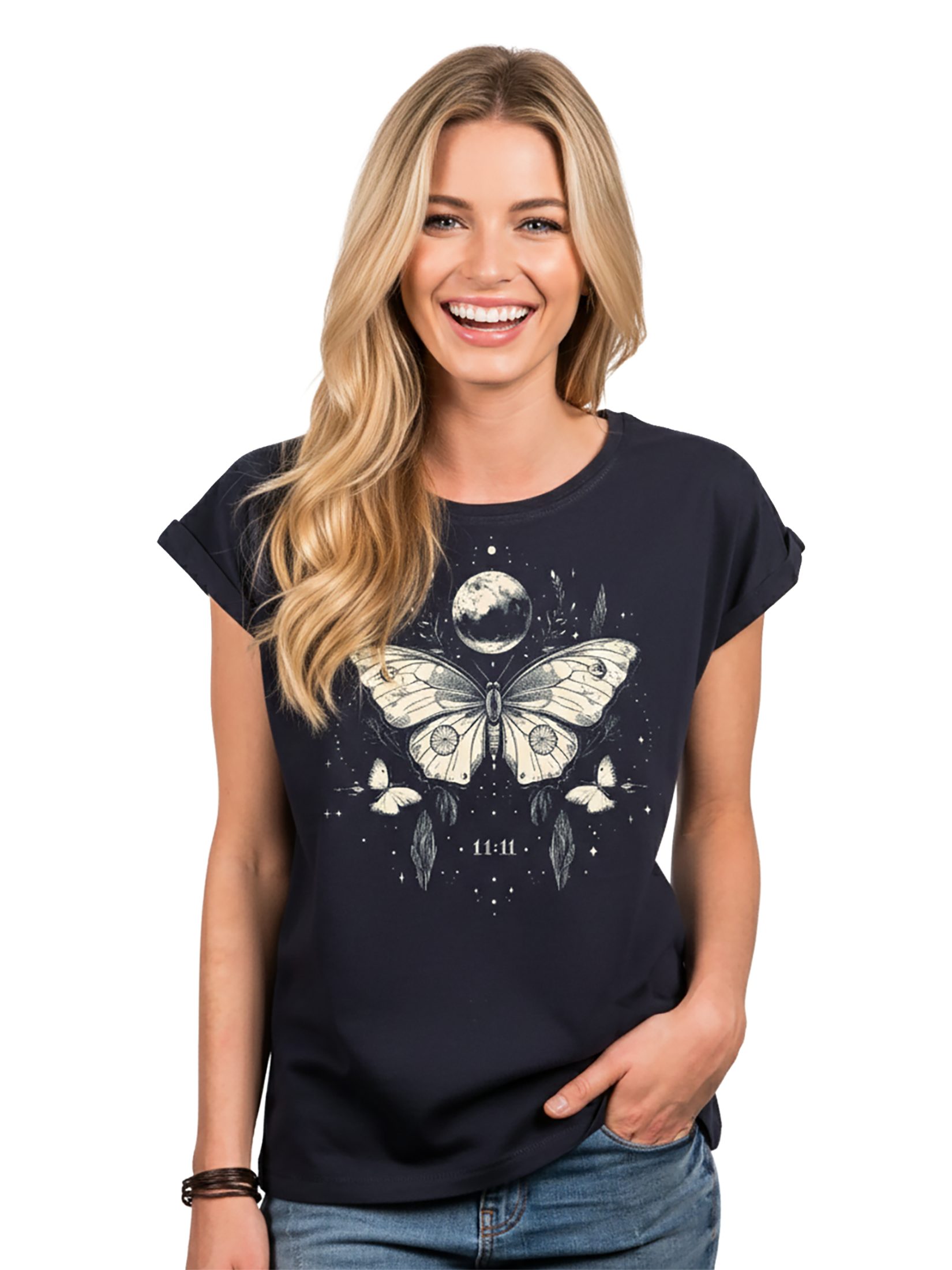 MAKAYA Print-Shirt Schmetterling Damen Tunika Vintage Aufdruck Stylisch Boho Top Modisch (Schwarz, Blau, Grau, 34, 36, 38, 40, 42, 44, 46, 48, 50) Baumwolle