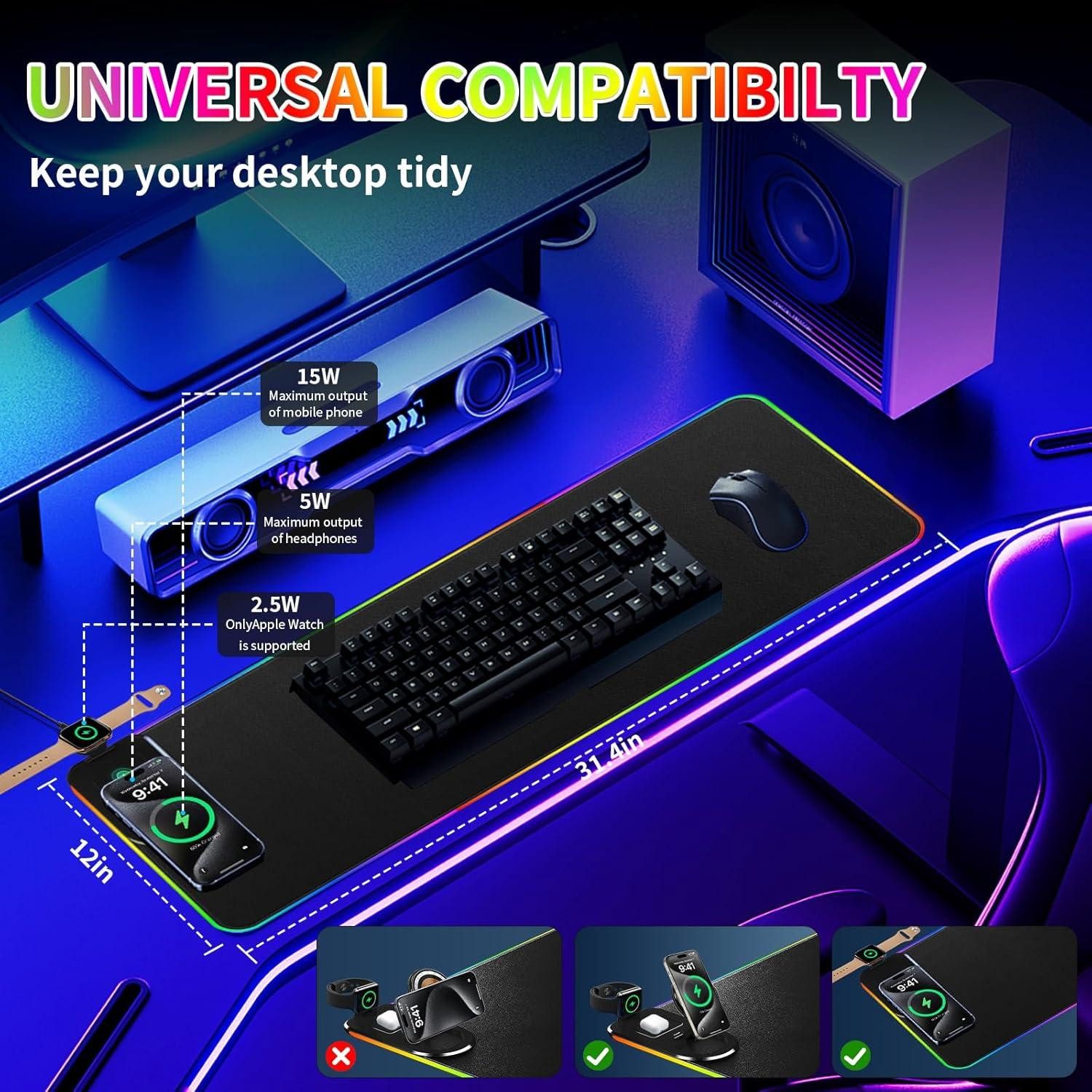 Toomoke Gaming Mauspad RGB Mousepad Induktive Ladestationen 15W kabelloses Laden (für Büro und Zuhause, schwarz, Wireless Charger, Wasserfestes Mauspad mit Handyhalterung), 800 × 300 × 17 mm, 15 RGB-Beleuchtungsmodi,3 in1 MagSafe Ladegerät