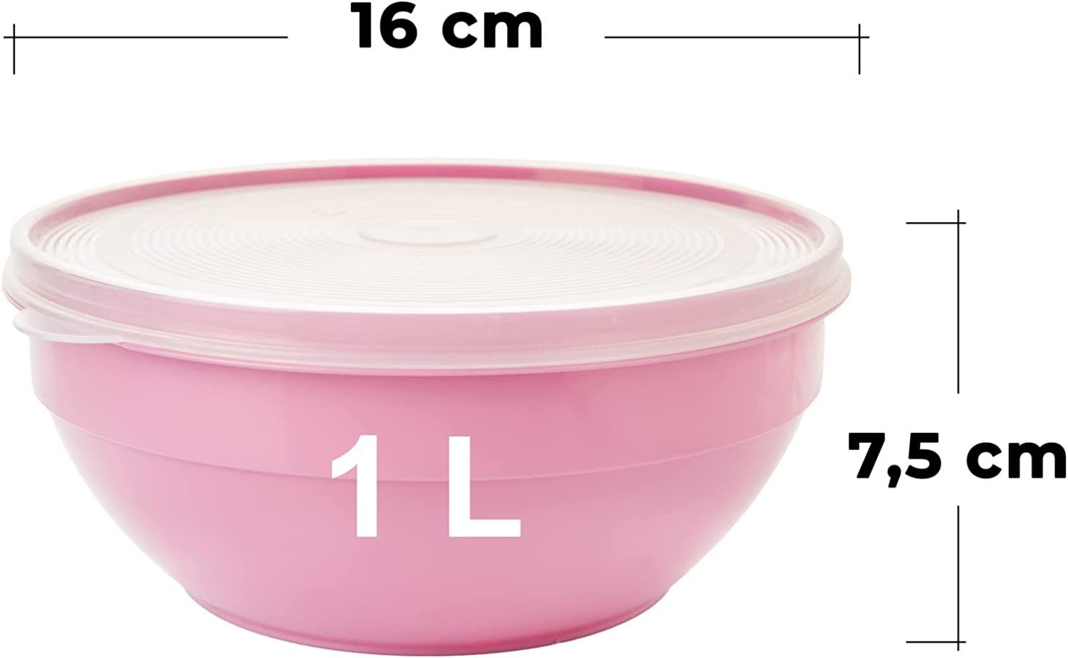 7,5 = rosa, Rührschüssel, 16 pastell (3-tlg., (PP) Made Centi mit EU Schüssel cm Kunststoff Ø cm, in (Außenmaße 1 Kunststoff, Deckel, grau, BPA-frei, Transparent Höhe Deckel, pastell Vorratsdose oben), grün, Liter hell