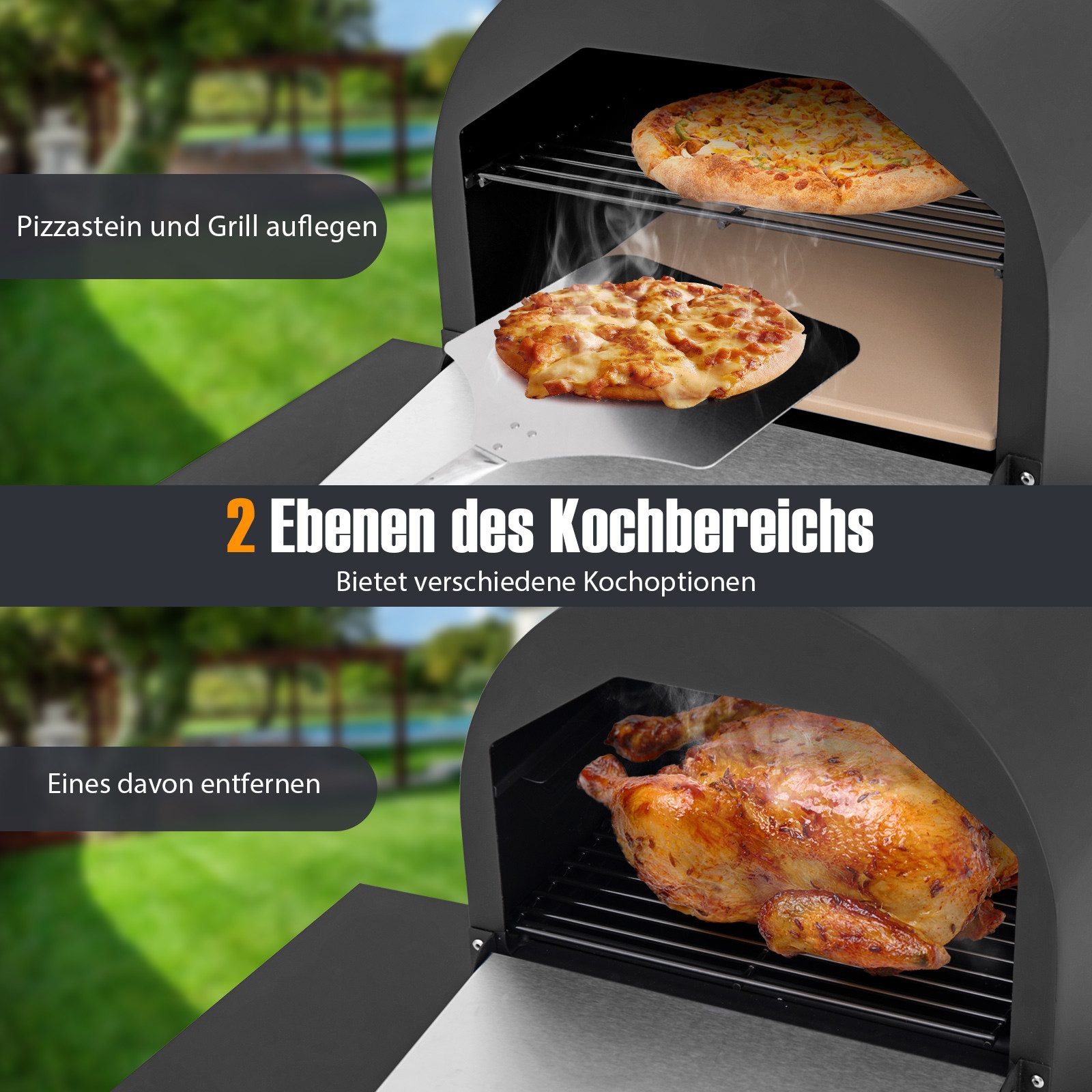 COSTWAY Pizzaofen, Outdoor Holzofen mit Grillrost, bis zu 400℃