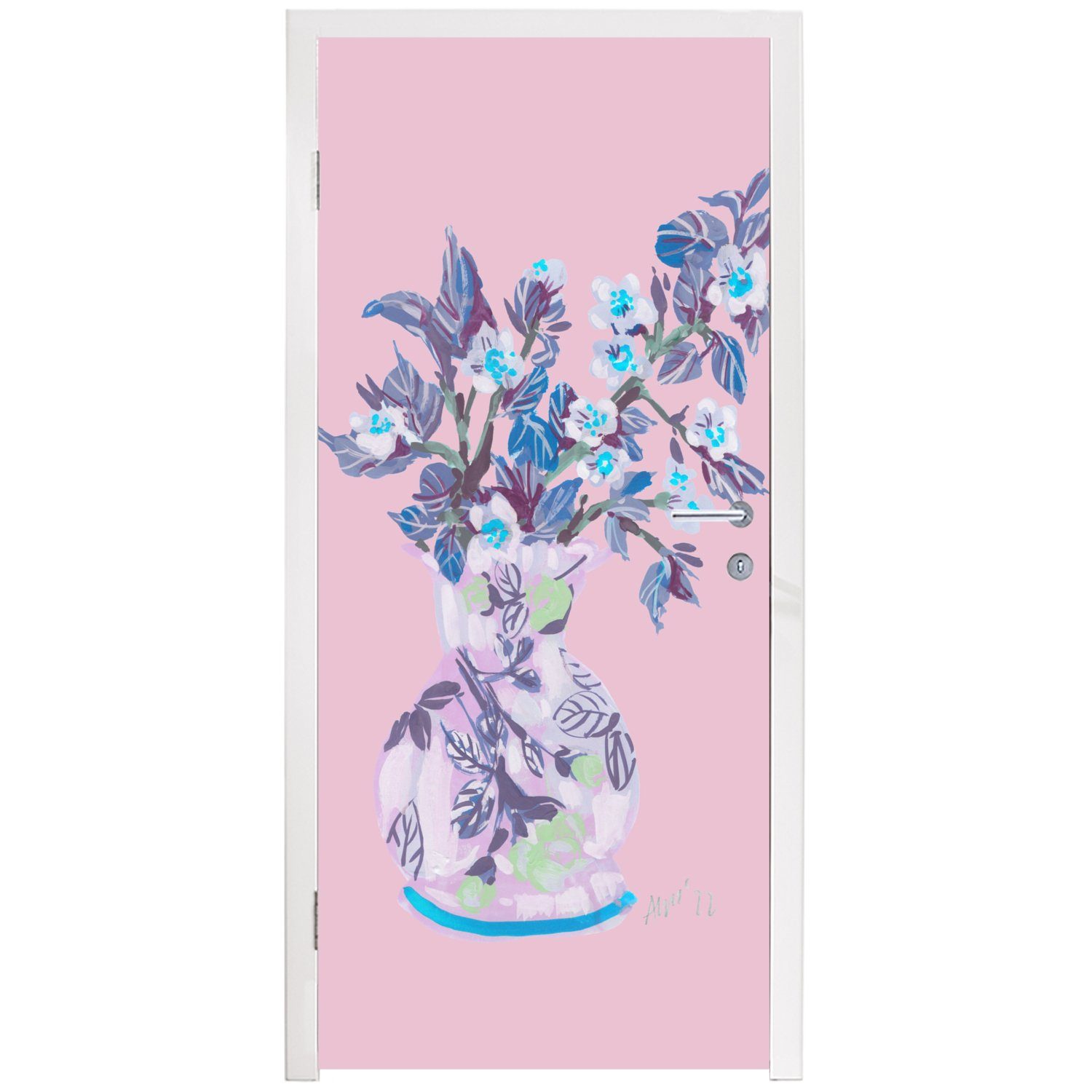 Türaufkleber, bedruckt, Fototapete Rosa - 75x205 Tür, Matt, (1 Pflanzen, - Blumen für MuchoWow Vase - Türtapete cm St),