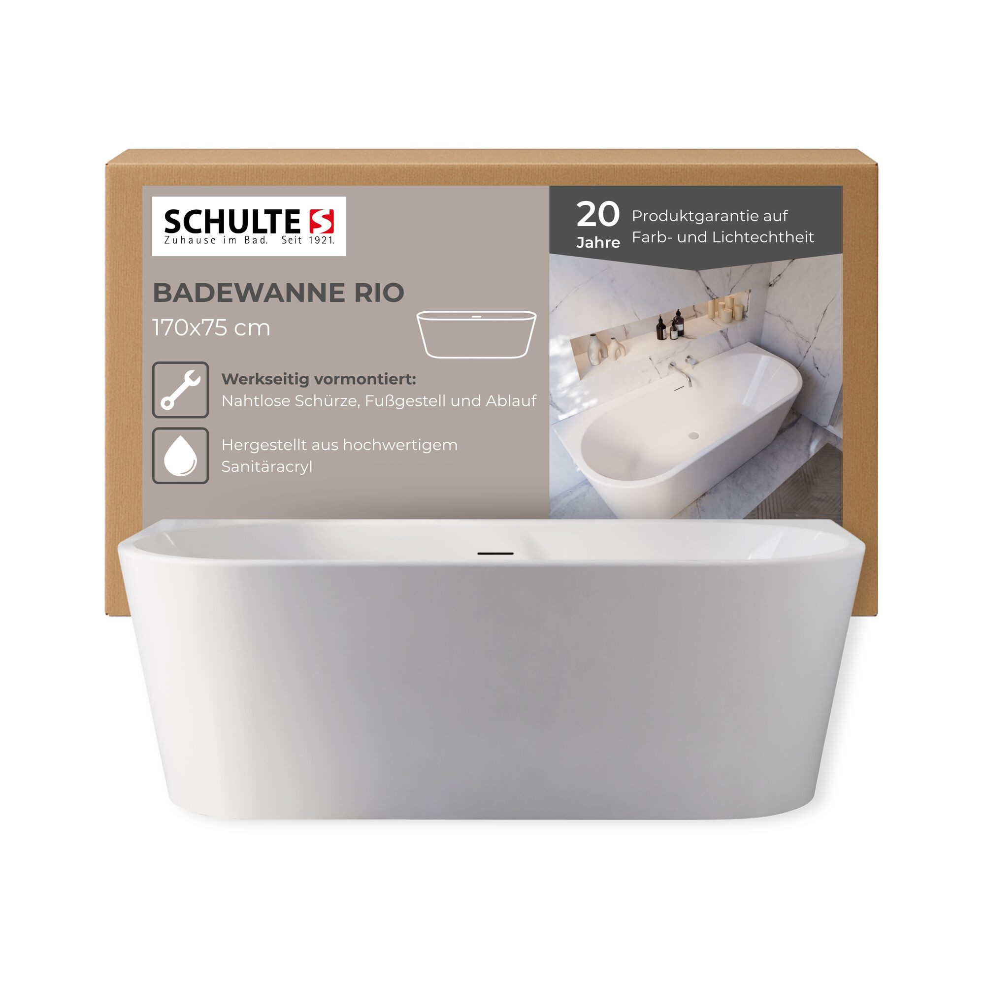 Schulte Badewanne Rio, Sanitäracryl, weiß, (Komplett-Set mit Fußgestell, Ablauf und vormontierter Schürze), 170x75 cm