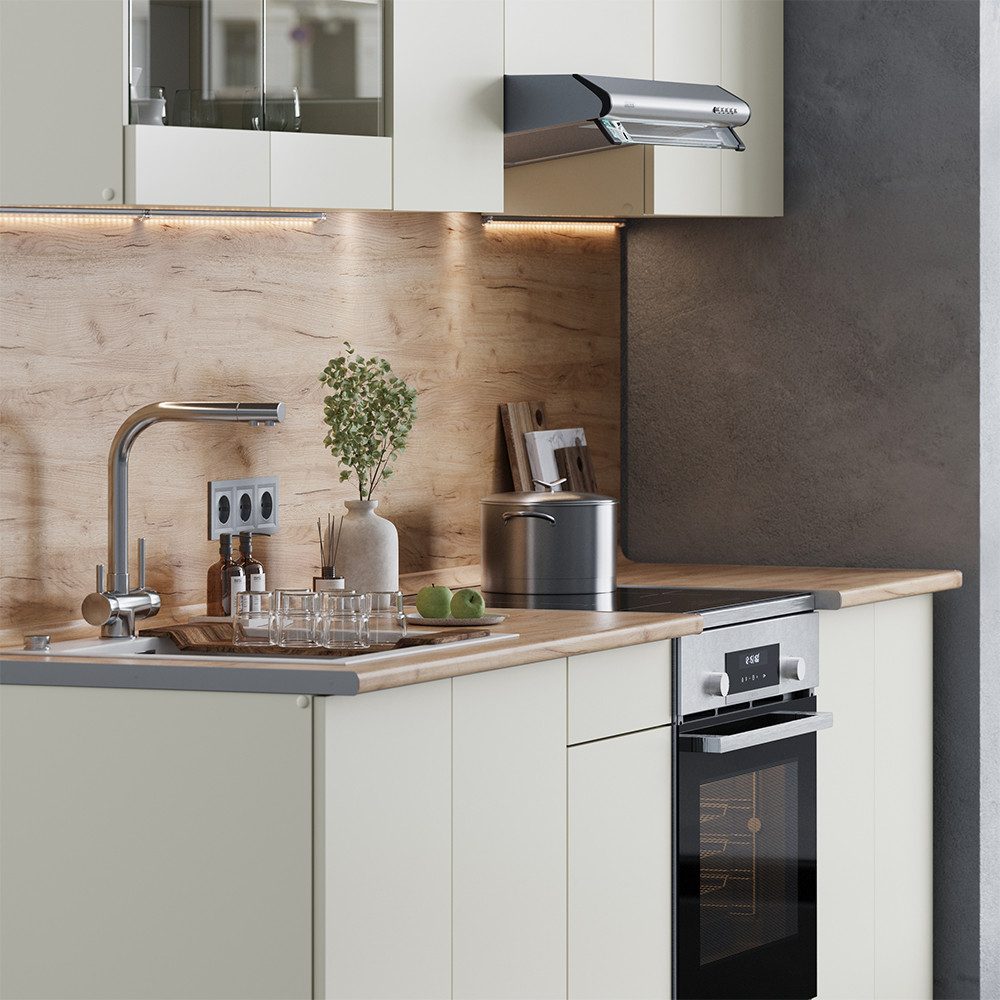 Vicco Küchenzeile R-Line, Beige/Goldkraft Eiche, 240 cm, AP Eiche