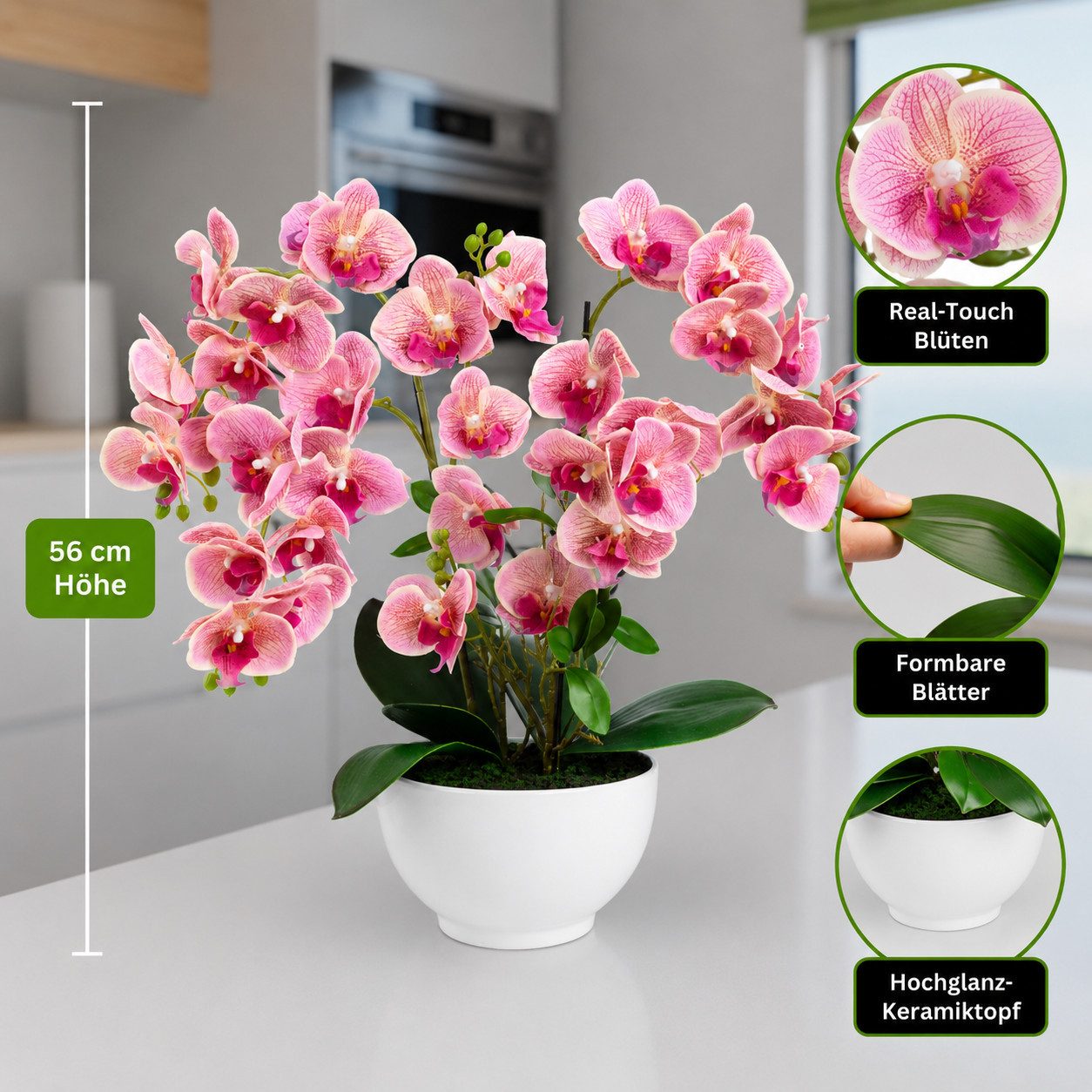 Kunstorchidee PASCH® XXL Orchidee künstlich wie echt (56cm) in Hochglanz-Keramiktopf Orchidee, PASCH