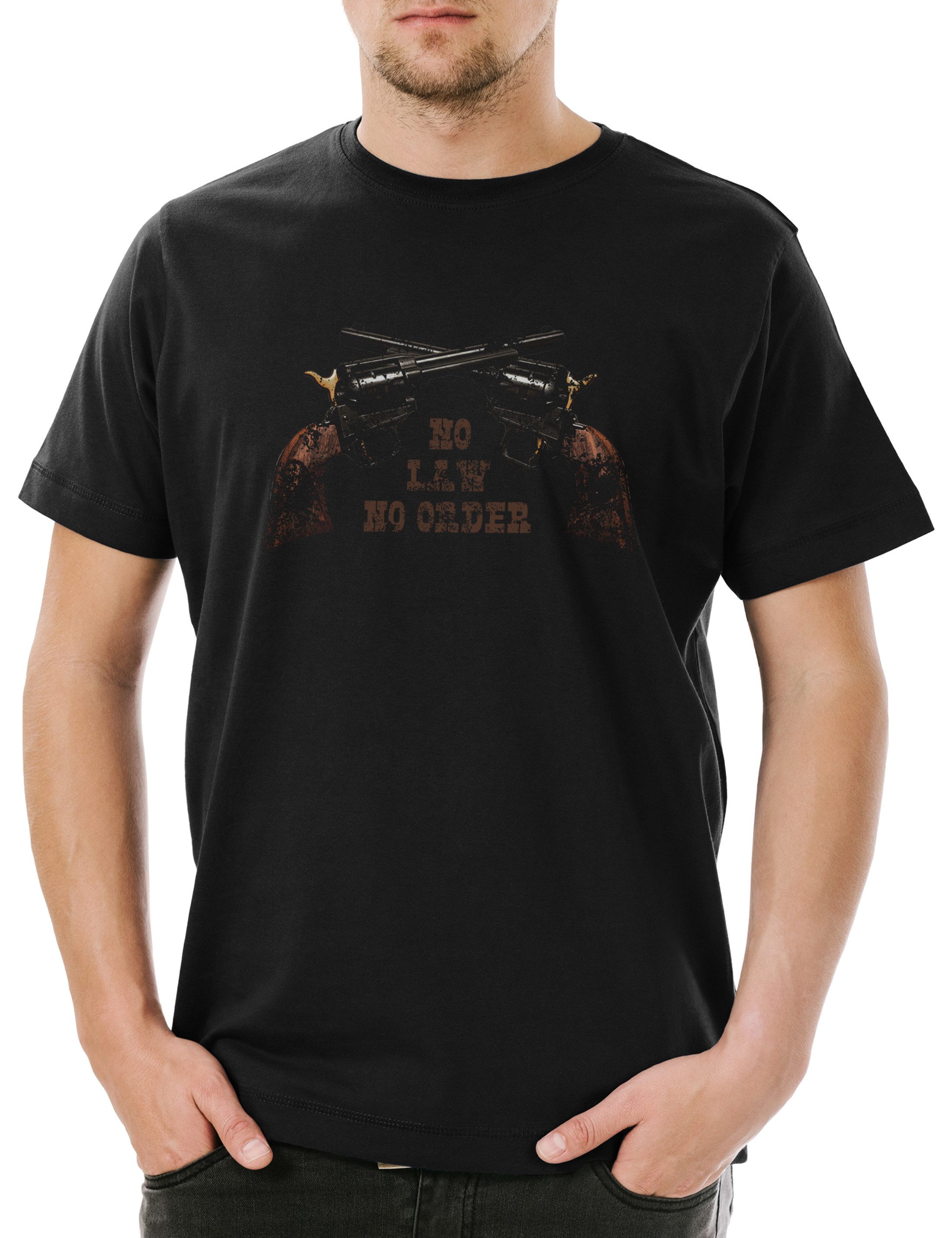 Urban Backwoods Print-Shirt No Law No Order Herren T-Shirt Cowboy Gunslinger Revolverheld Western (1-tlg) Saloon Sheriff Cowgirl Rodeo