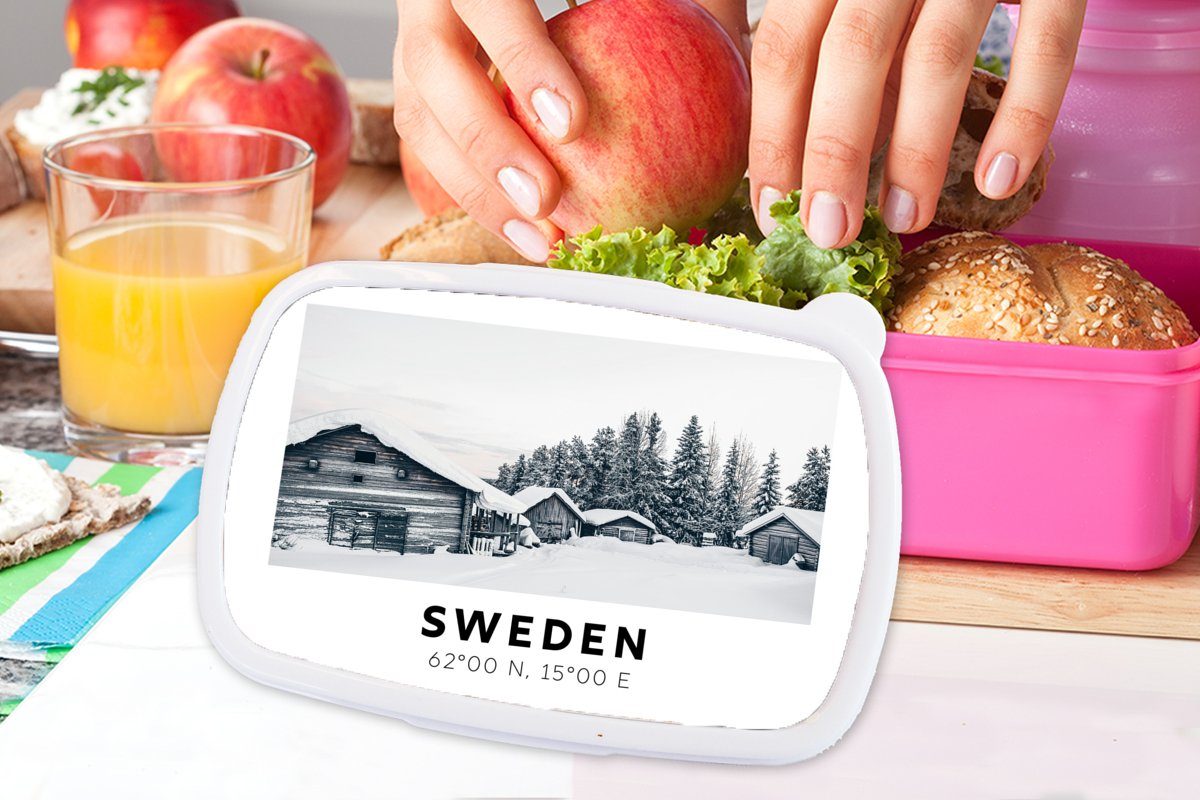 Brotdose - Kunststoff, Kinder, Lunchbox rosa Snackbox, Baum Skandinavien, Kunststoff Erwachsene, - Brotbox MuchoWow - (2-tlg), für Schnee Mädchen, Schweden