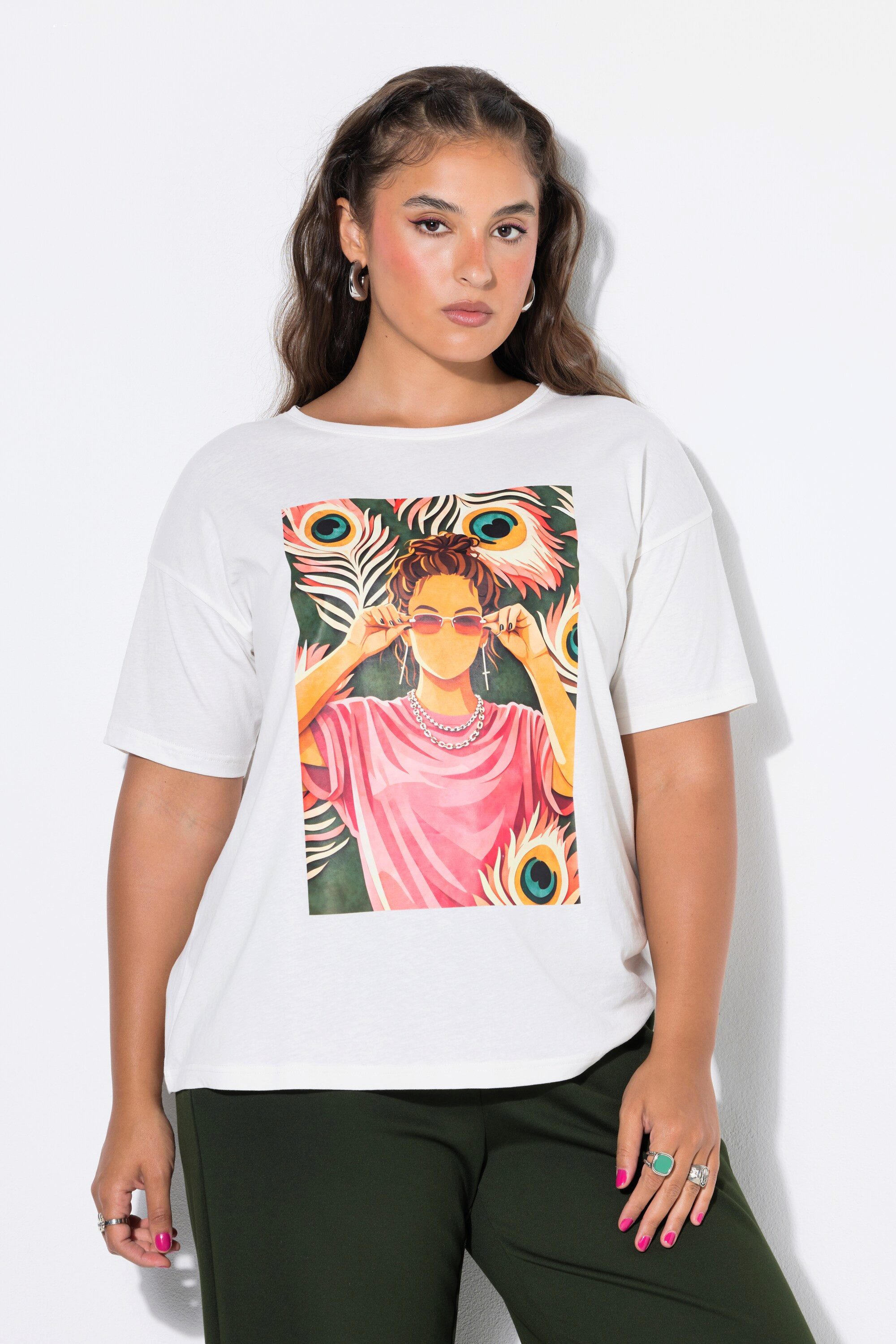 Studio Untold T-Shirt T-Shirt Oversize Shape Pfauenfeder-Motiv