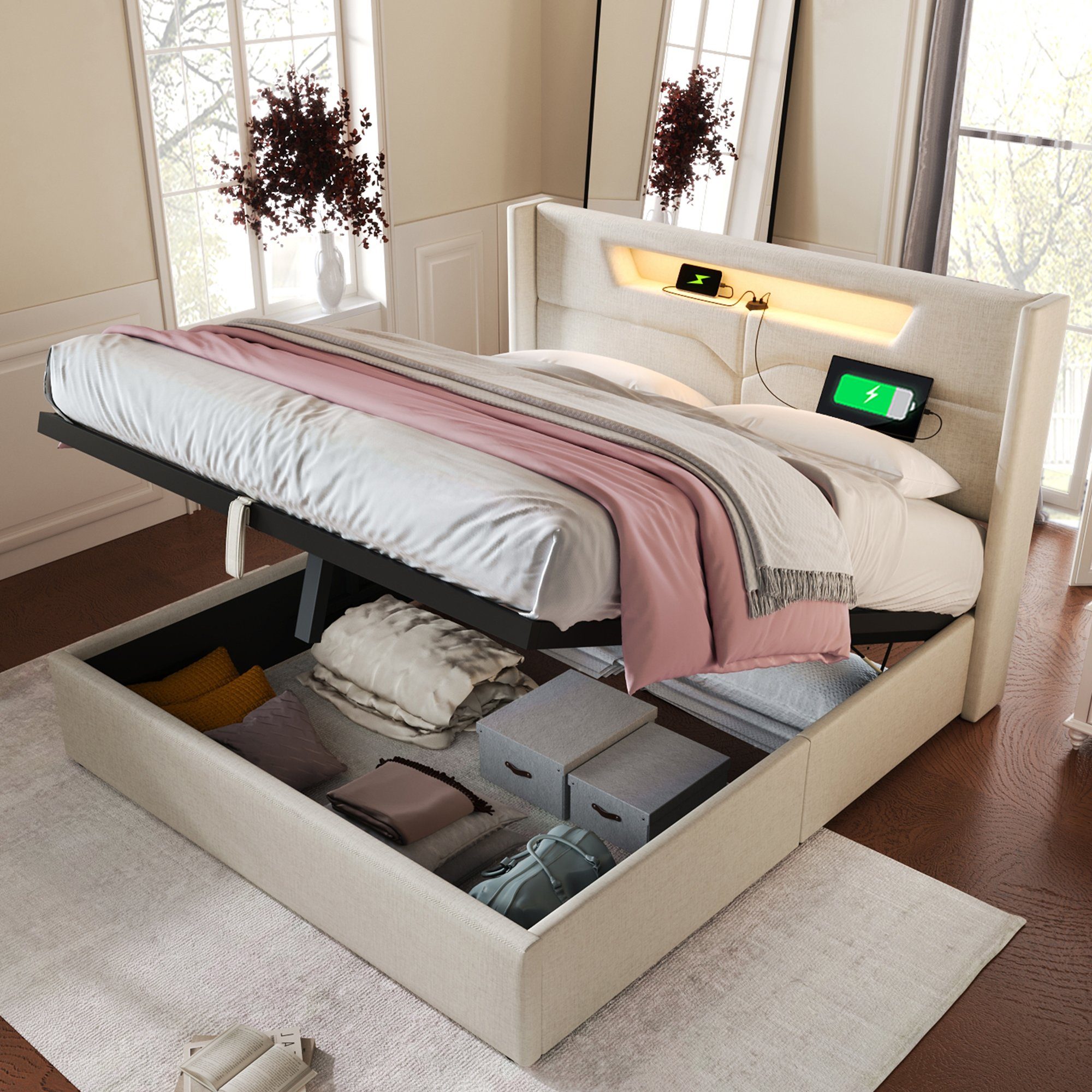 REDOM Polsterbett LED Doppelbett mit USB günstig online kaufen