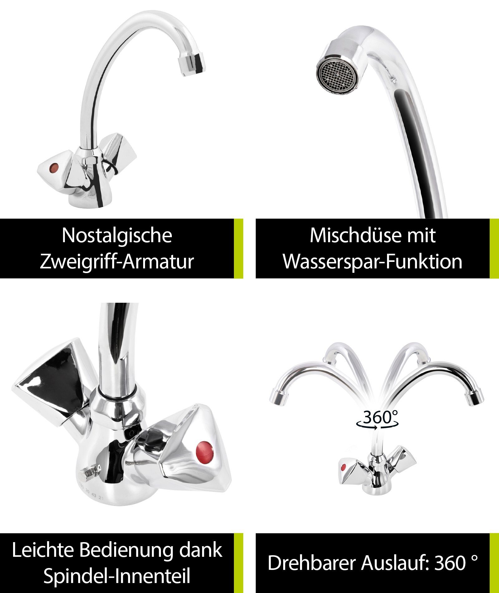 aquaSu Waschtischarmatur Standard Zweigriffmischer, Wasserspar-Mischdüse, Hochdruck, 795494 Chrom