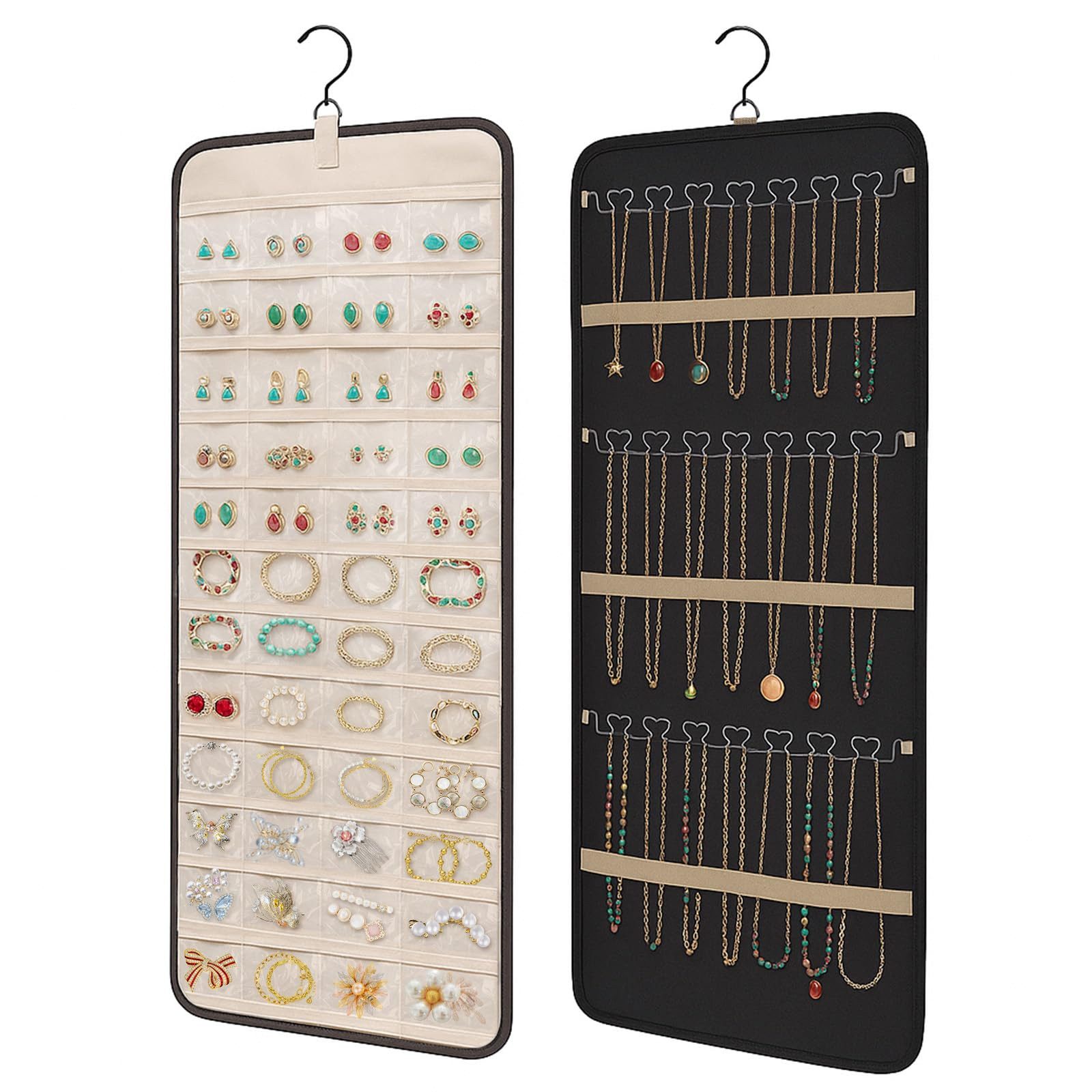FOUORTUNATE-BEE Schmuckständer Hängendes Schmuck-Organizer Set – Doppelseitige Aufbewahrungstasche, Transparentes Schmuckhängesystem für Ringe Ohrringe Ketten Armbänder