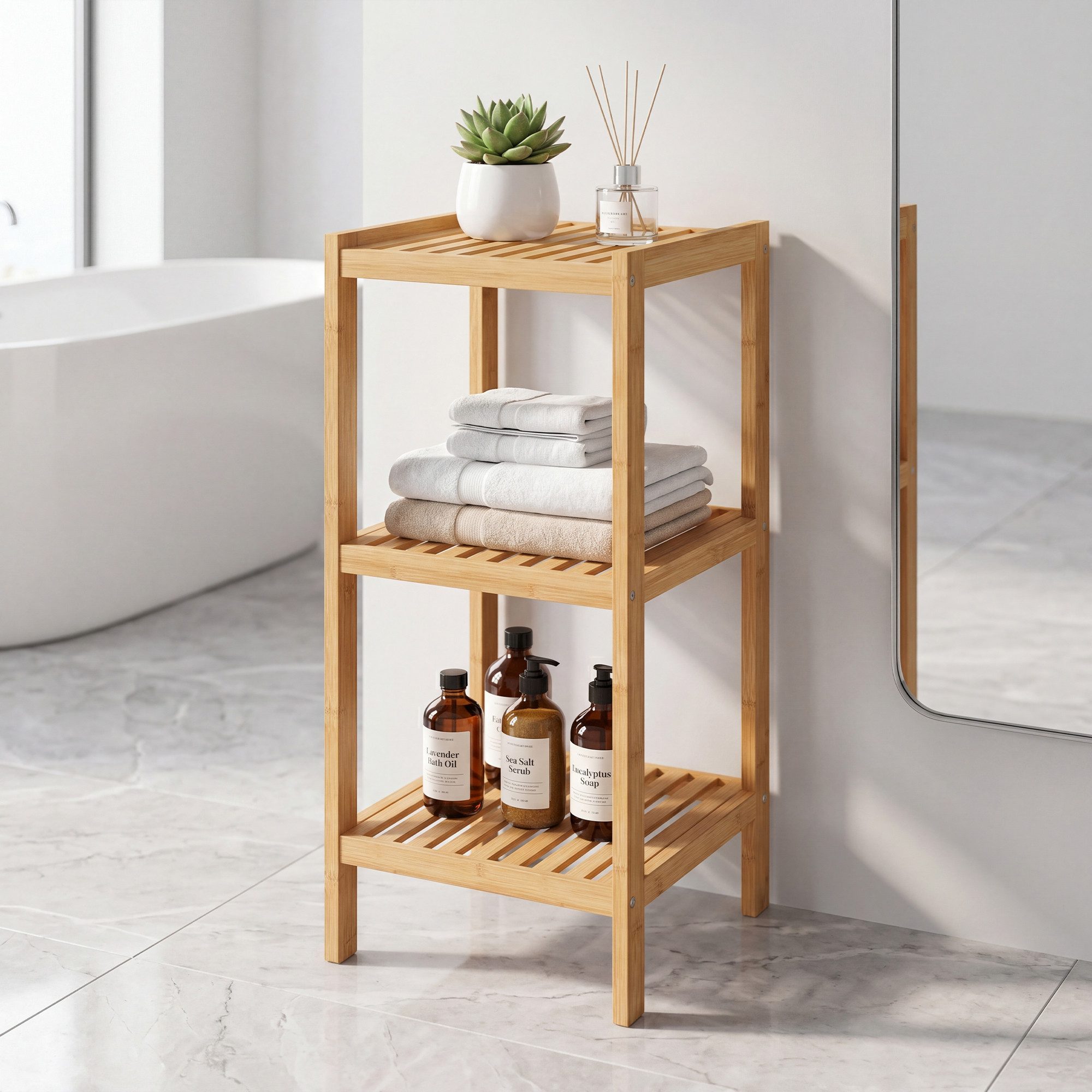 SONGMICS Badregal Badezimmerregal, Küchenregal, für Bad, Wohnzimmer, Flur, Küche, Schuhregal mit 3 Ebenen, Standregal aus Bambus, 33 x 33 x 79,5 cm