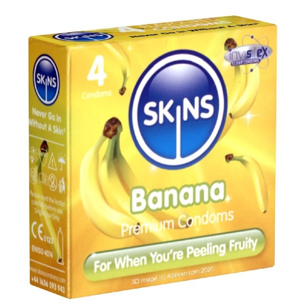 SKINS Condoms Kondome Bangin' Banana, samtweiche Oberfläche, fühlt sich an wie "echt", Packung mit, 4 St., Kondome mit feinem Bananenaroma, durchsichtiges Latex (kristallklar), kein Latexgeruch