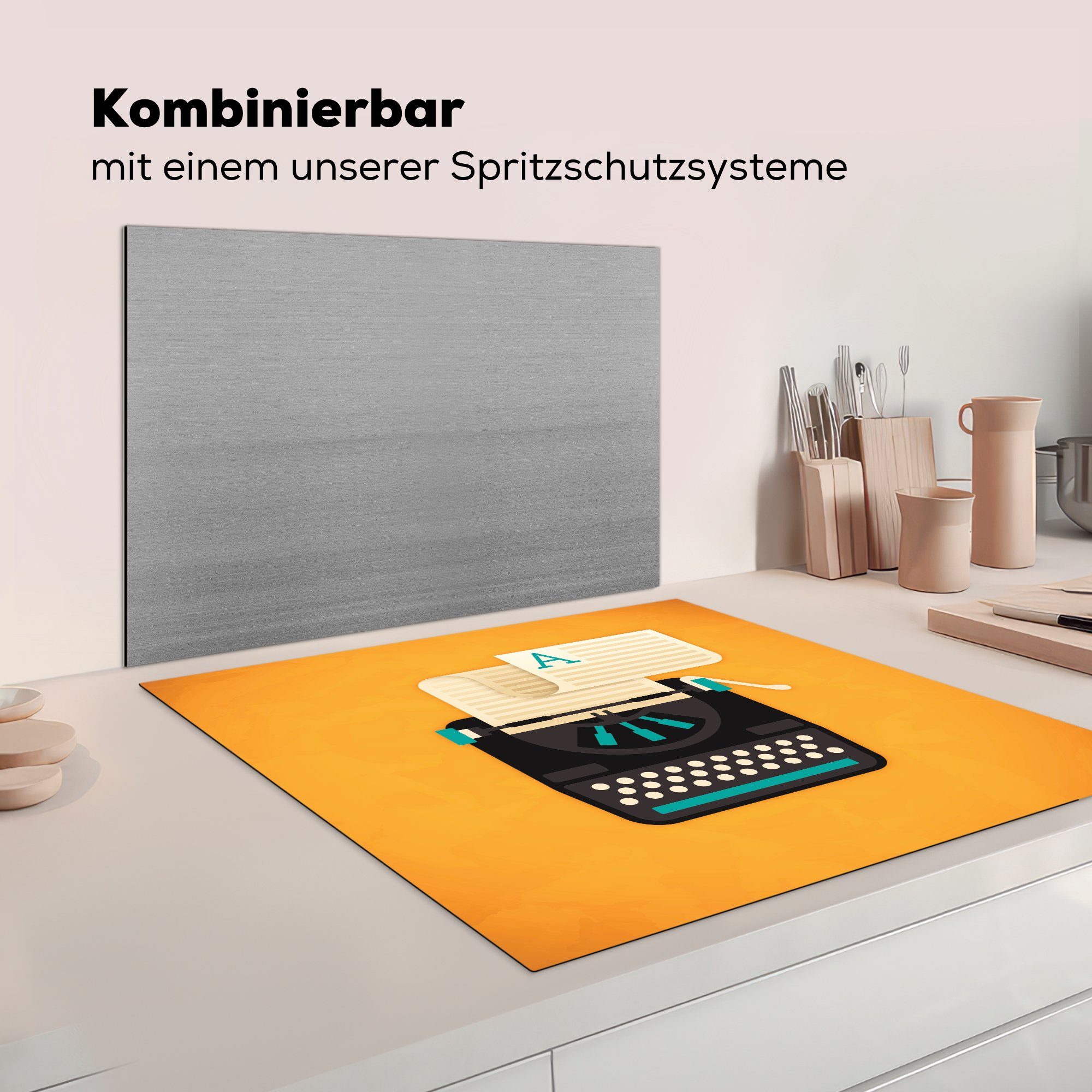 Ceranfeldabdeckung, 78x78 küche tlg), Herdblende-/Abdeckplatte für (1 Schreibmaschine, cm, Vinyl, Arbeitsplatte Illustration MuchoWow der