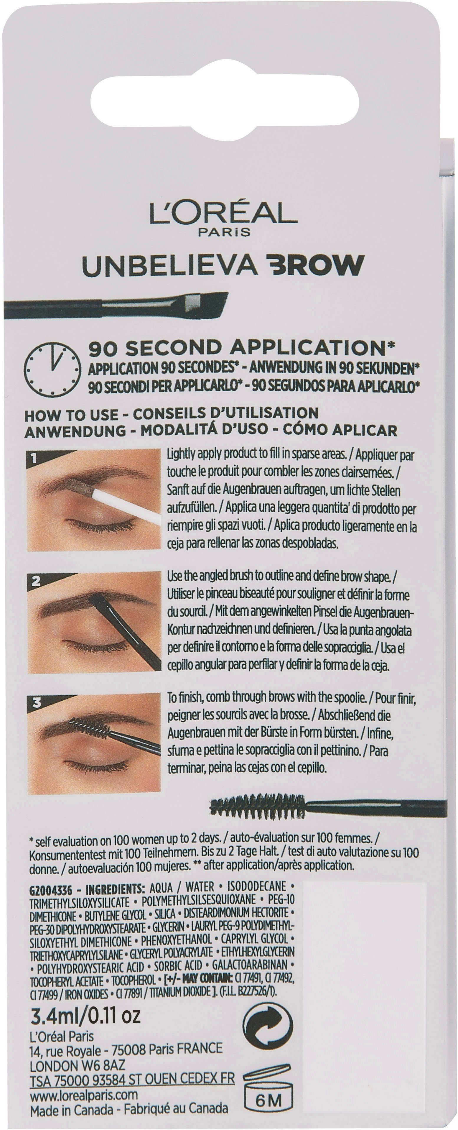 L'ORÉAL PARIS Augenbrauen-Gel Unbelieva 3.0 Augen-Make-Up Brunette mit wischfest, unterschiedlichen Brow, Applikatoren