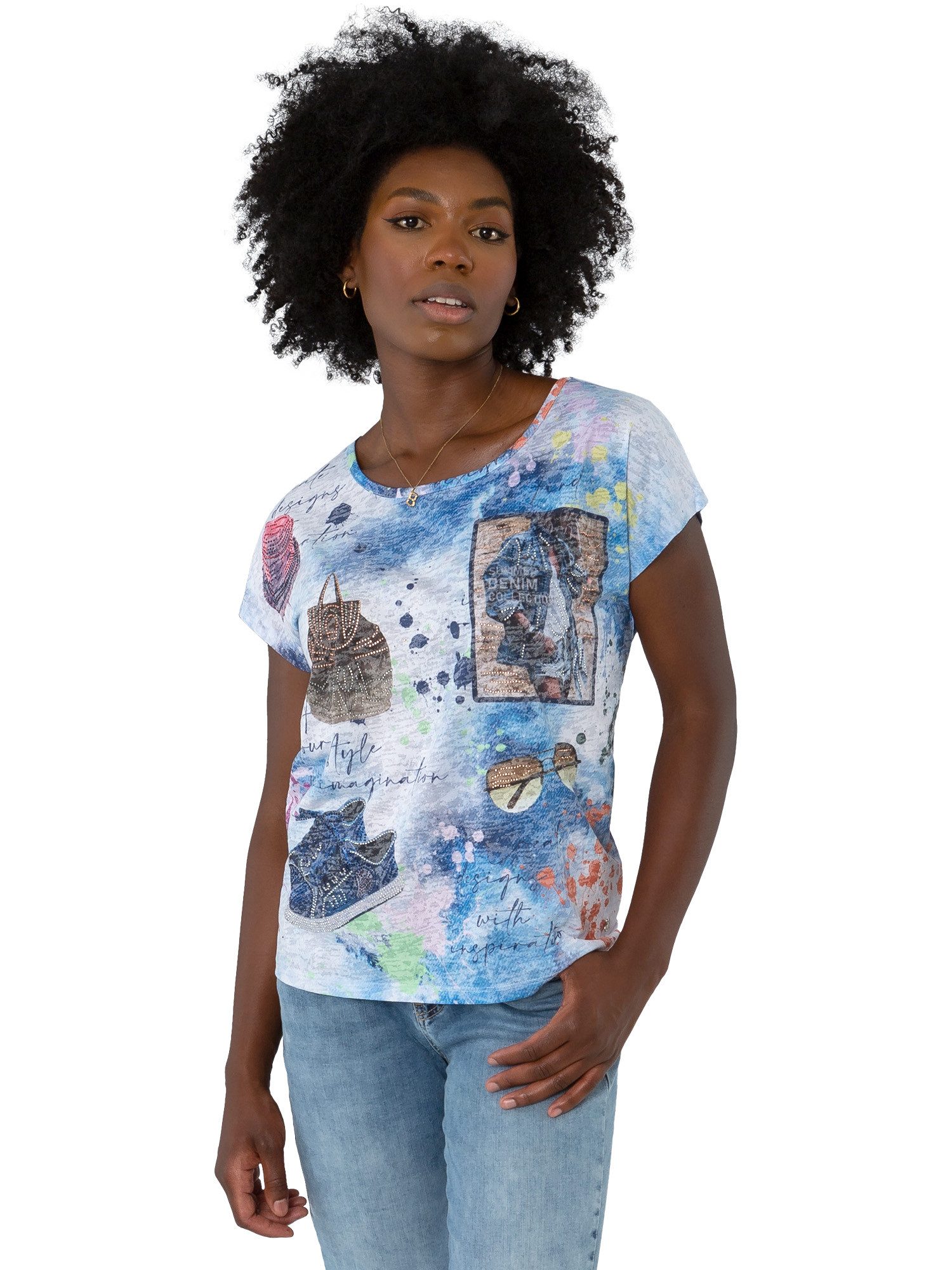 Gio Milano Kurzarmshirt G30-1120 Damenshirt mit Urlaubs-Print & Strassapplikationen