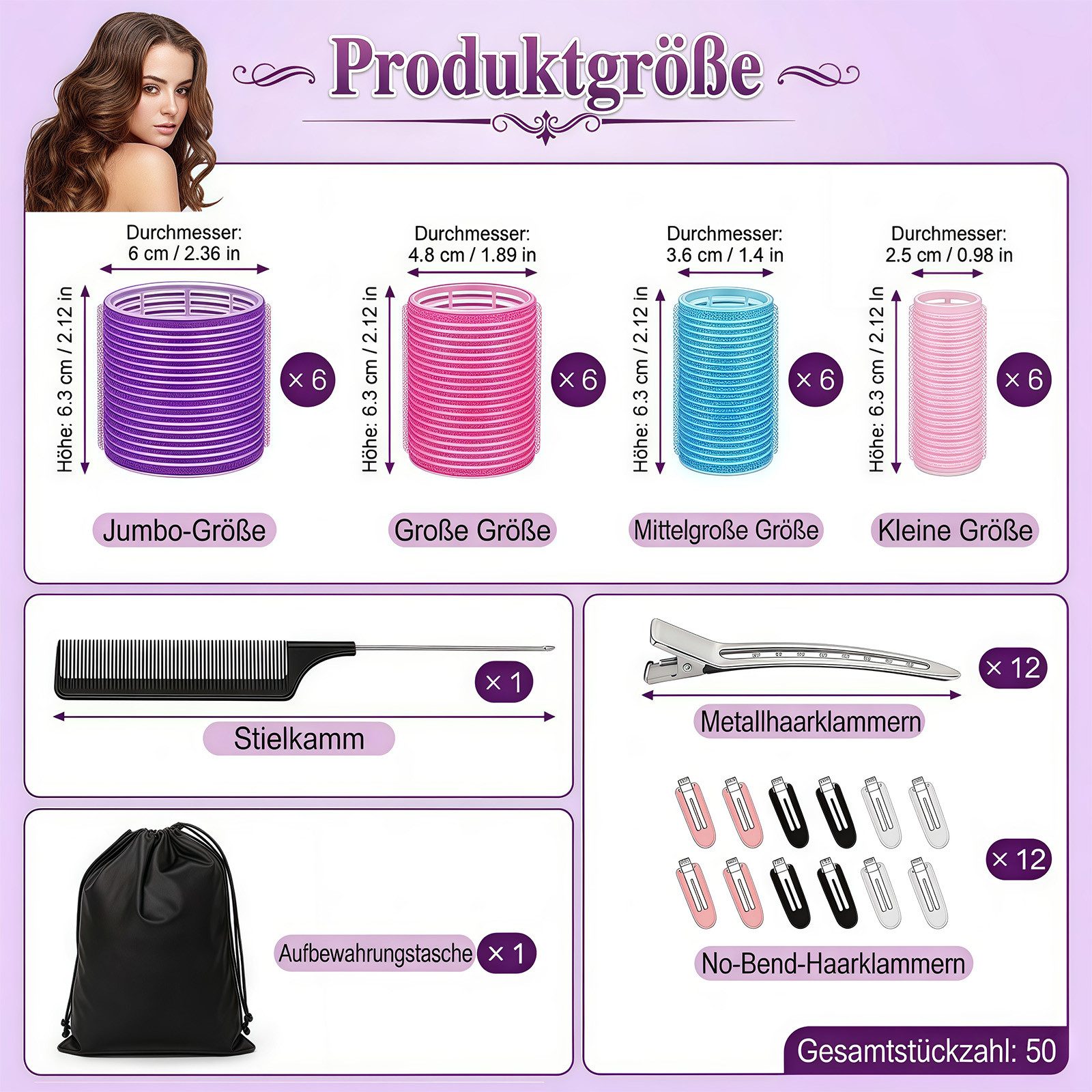FANNOU Haarstyling-Set Lockenwickler Set mit 24 Lockenwicklern (4 Größen 60/45/36/25mm), mit 24 Edelstahl Klammern Hair Rollers für Lange Mittlere Kurz Haar