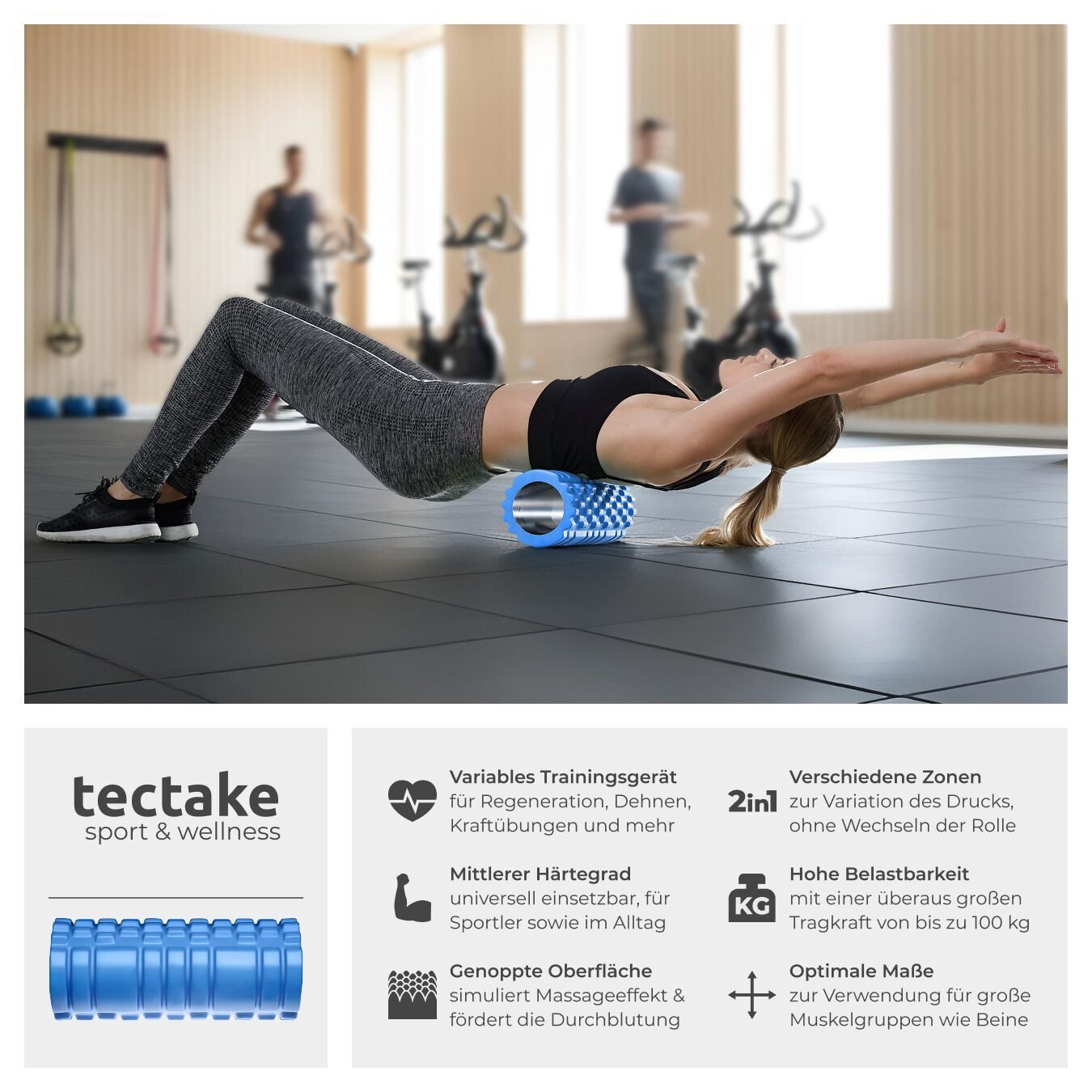 tectake Fitnessrolle Hartschaumrolle zur Triggerpunkt-Selbstmassage (1-tlg), Massagerolle mit verschiedenen Noppenzonen