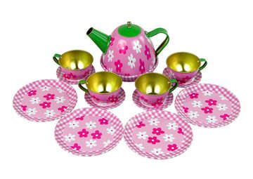 LEAN Toys Kinder-Küchenset Tee-Set Metallblumen Rosa Tassen Teller Tablett Teekanne Blumenmotiv