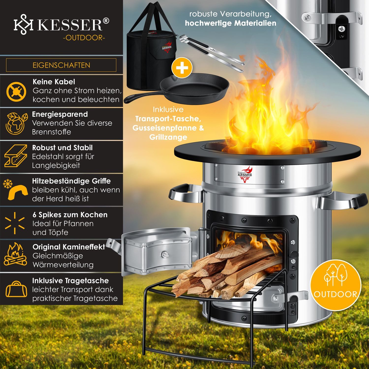 KESSER Feuerstelle, Raketenofen aus Gusseisen mit Tragetasche Dutch Oven BB günstig online kaufen