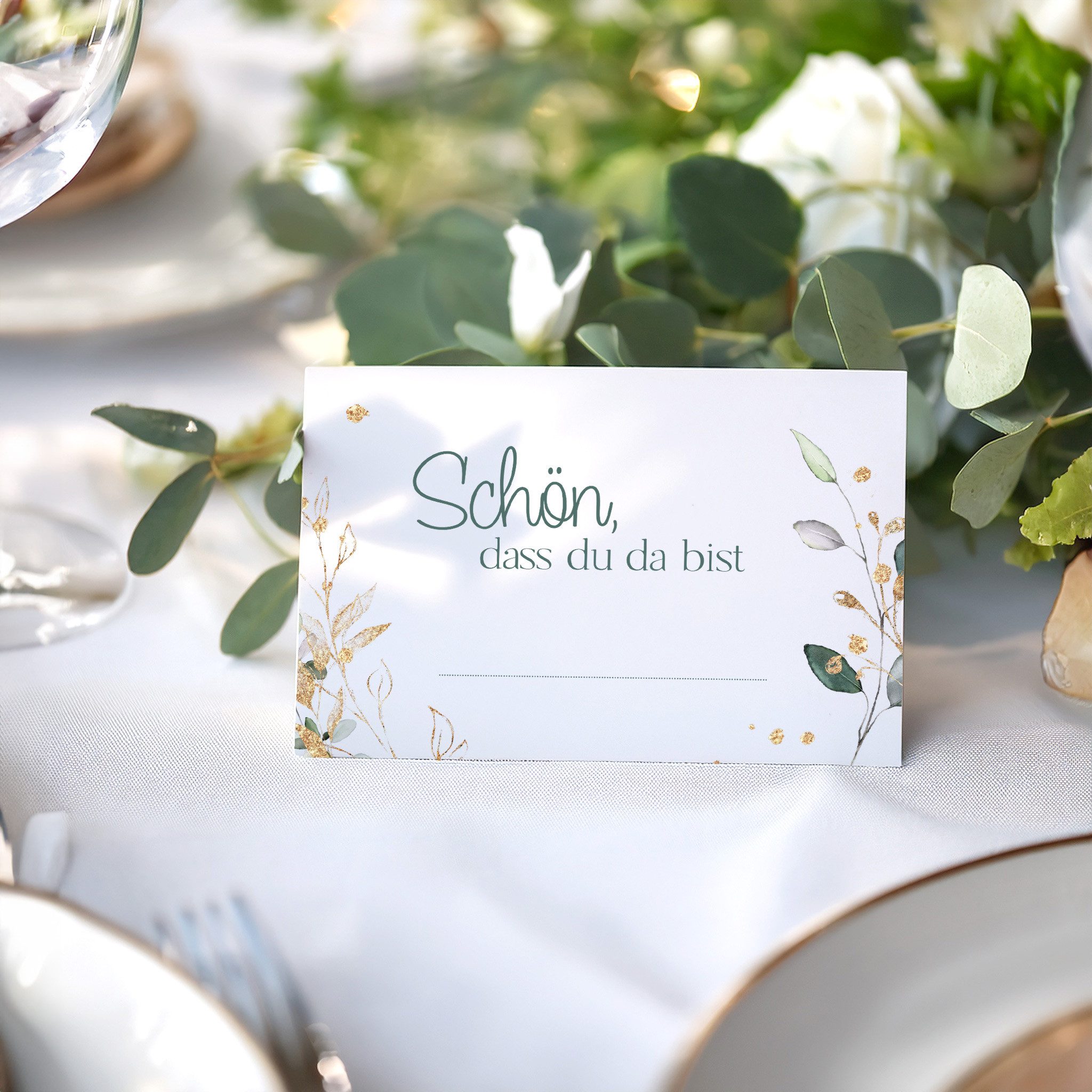 white & ivory Papierdekoration Platzkarte floral "schön, dass du da bist", 50 Stück, Tischkarten