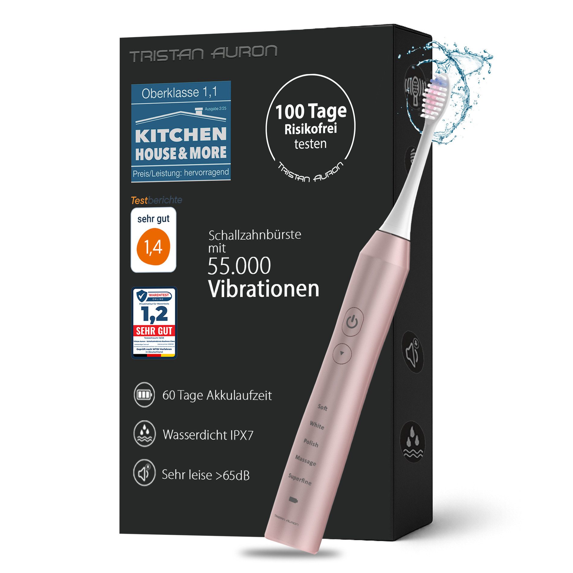 Tristan Auron Schallzahnbürste Elektrische Zahnbürste 55.000 VPM 5 Modi 60 Tage Akku IPX7 2 Min Timer, Aufsteckbürsten: 2 St., 2xBürstenköpfe, 1xelektrische Zahnbürste, 1x Ladestation, Sehr leise <65dB, ergonomisch angepasst, Ladestation, Wasserdicht