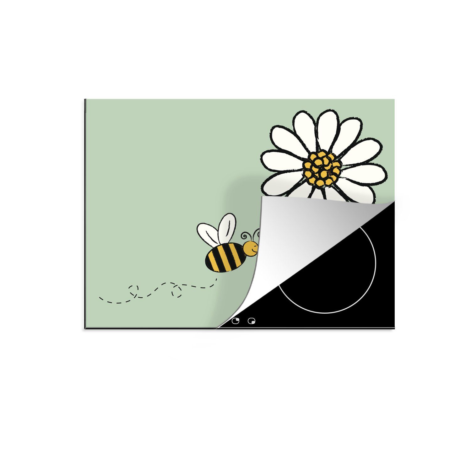 MuchoWow Herdblende-/Abdeckplatte Illustration einer Biene, die auf eine weiße Blume zufliegt, Vinyl, (1 tlg), 70x52 cm, Mobile Arbeitsfläche nutzbar, Ceranfeldabdeckung