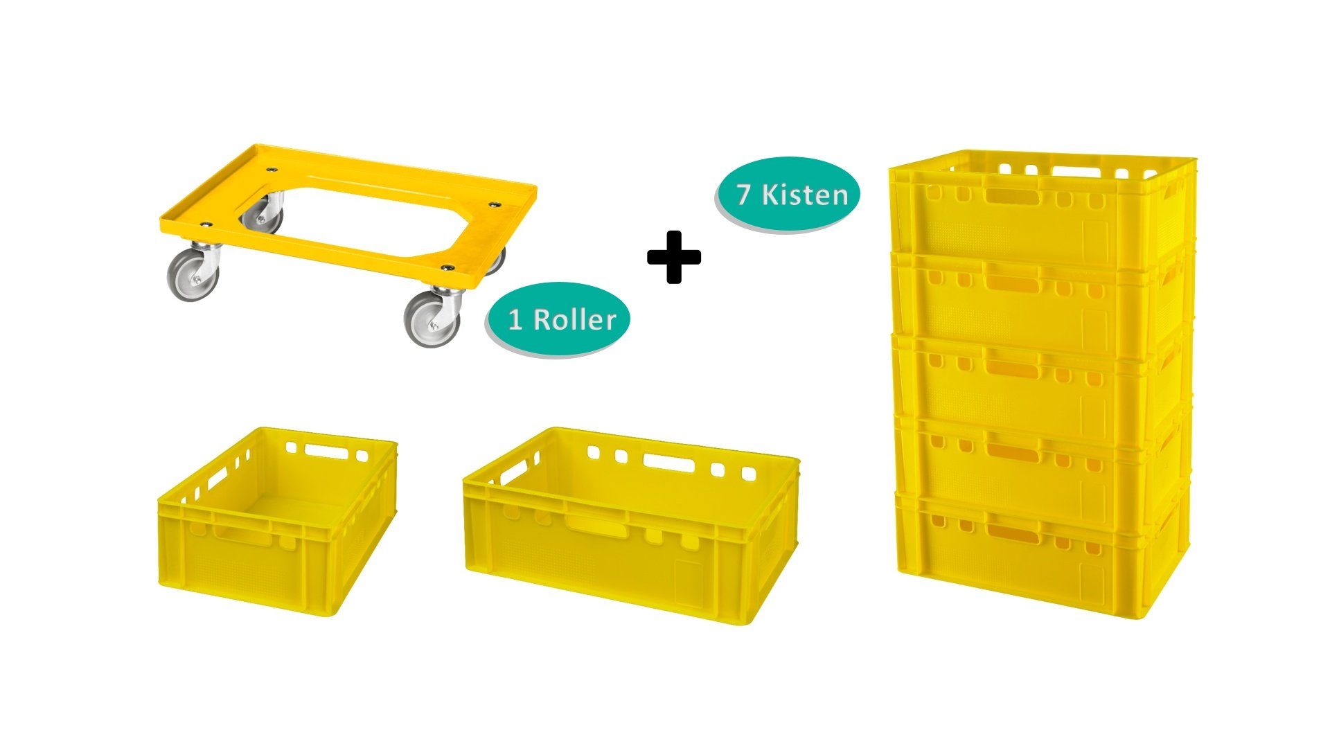 Logiplast Transportbehälter 7 E2 Kisten Gelb mit einem Transportrollen Gelb, (Spar-Set, 7 Stück), stapelbar, lebensmittelecht, einfach zu reinigen